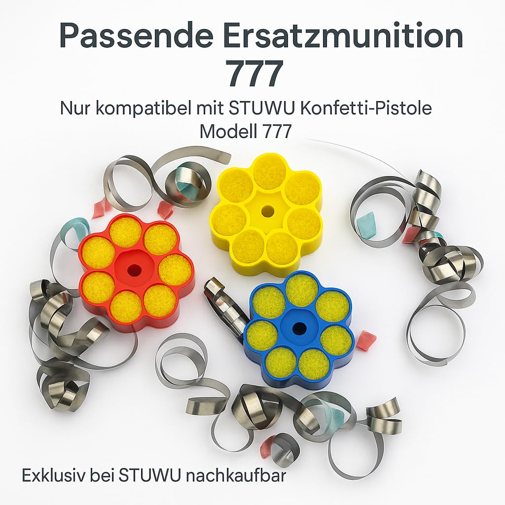 Lametta Konfettipistole 777 Starter-Kit – leise Federmechanik ohne Knall & Gestank, CO₂-frei – inkl. 24 Schuss Original-Munition – nachfüllbares Party-System
