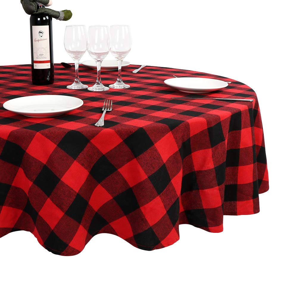 OurWarm Christmas Tablecloth Round, Buffalo Plaid Tablecloth 70 x 70 Inches with 100% Cotton Waterproof Red and Black Checkered Tablecloth for Christmas Table Decor