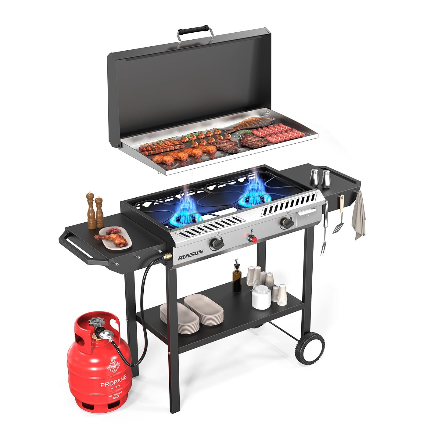 ROVSUN 2 Burner Outdoor Propane Gas Stove with Auto-ignition, Regulator & Shelf, 150,000 BTU Powerful Stand Cooker for Backyard Patio Cooking Home Brewing Canning Turkey Frying