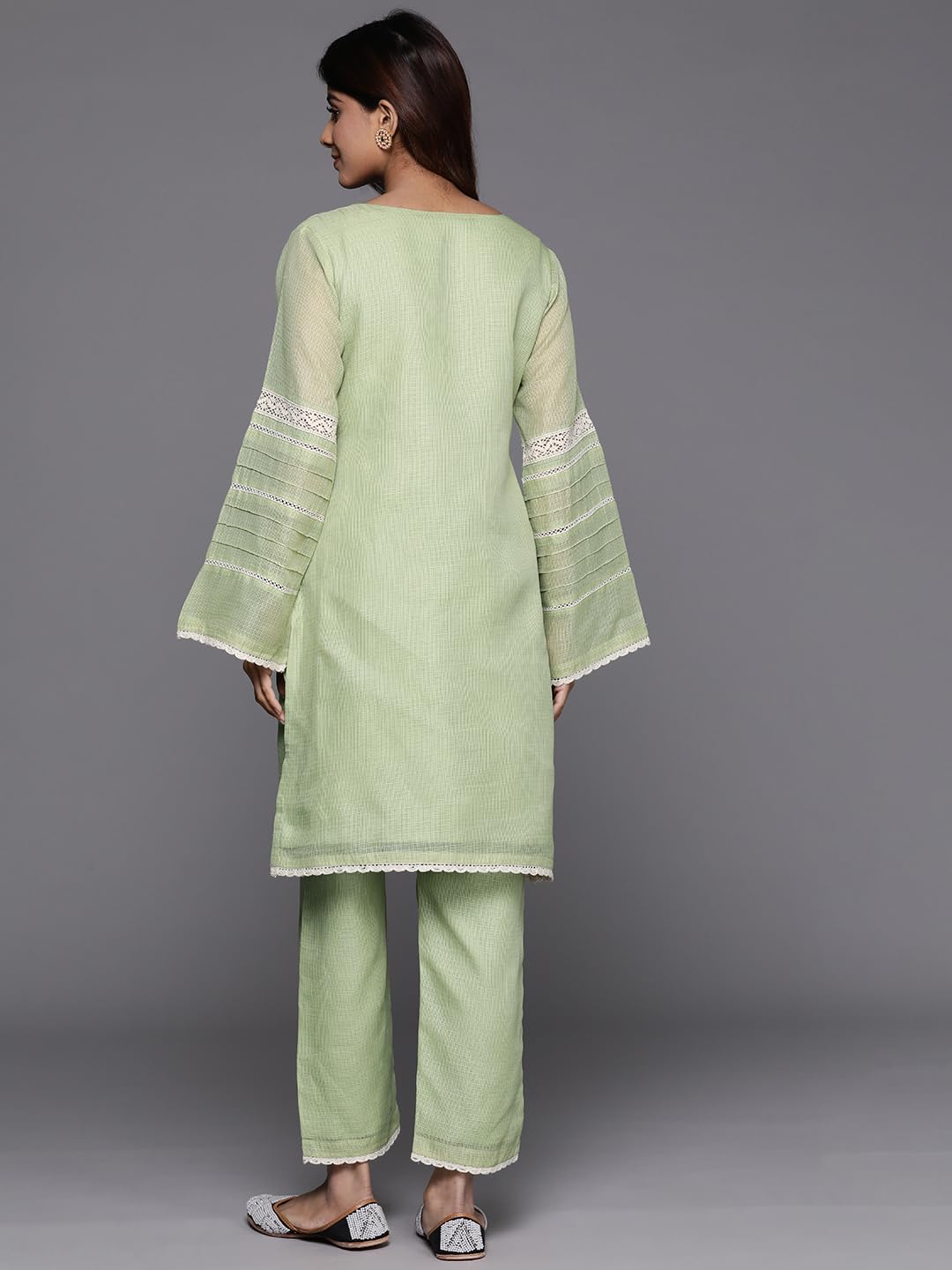 Varanga Women Green Kota Check Cotton Lace Short Kurta With Bottom, Round Neck With Keyhole Detail, Long Sleeves, Side Slits, Tonal Bottom