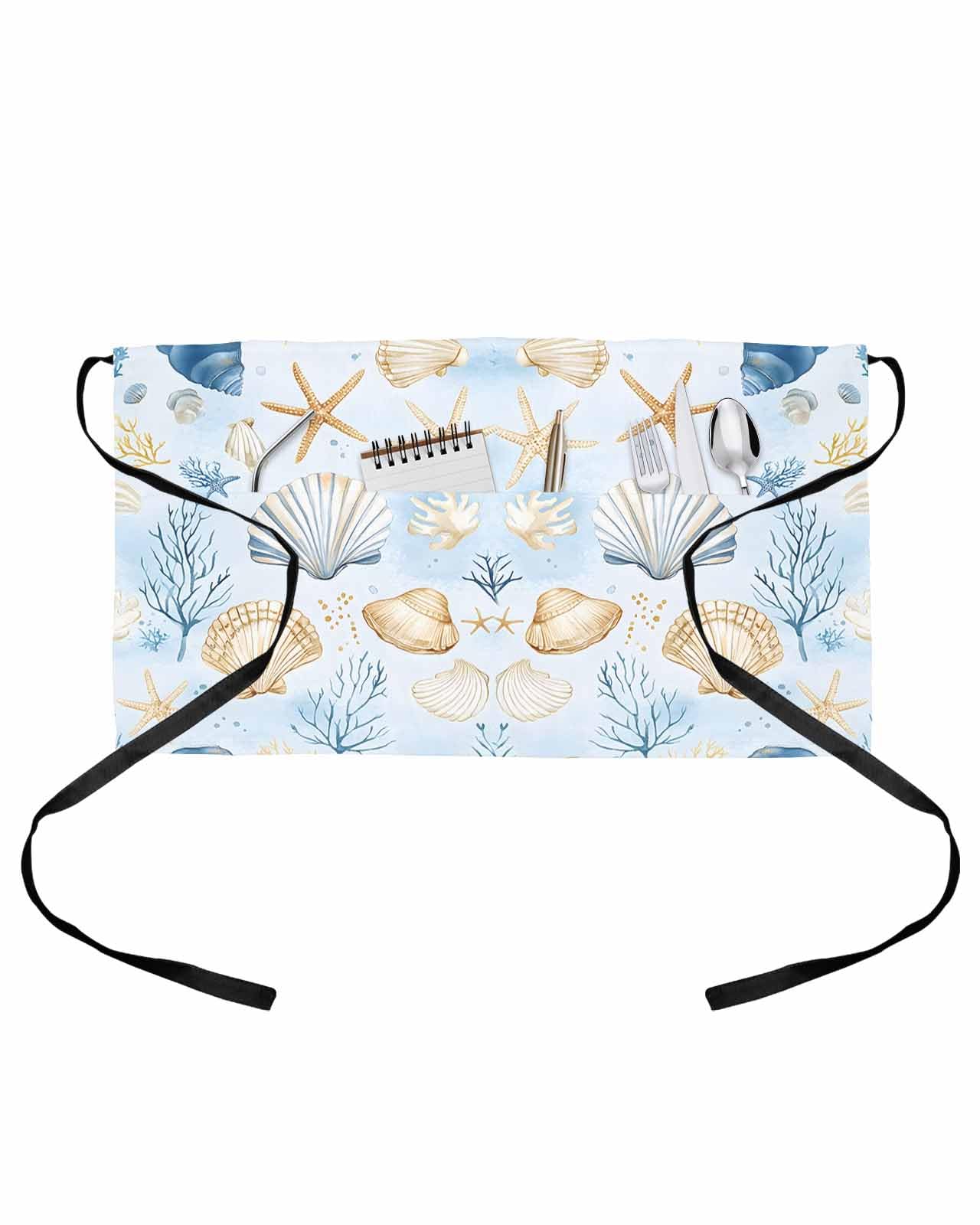 PIEPLE Coastal Server Apron Waitress Aprons with 3 Pockets, Summer Nautical Beach Shell Starfish Coral Half Waist Waiter Aprons Restaurant Chef Aprons for Women Men