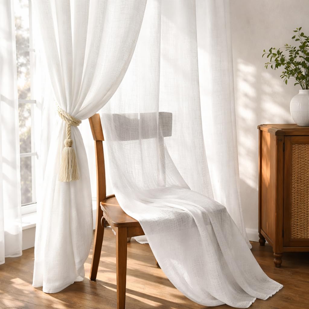 THE LINEN COMPANY Cotton Linen Sheer Window Curtains with Rod Pocket, Semi Transparent Light Filtering Drapes for Living Room & Bedroom, White, 5 Feet, Pack of 2