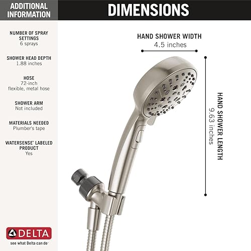 Miniatura 4 de Delta Faucet Cabezal de ducha H2Okinetic de mano de 6 ajustes, cabezal de ducha de níquel cepillado con manguera, cabezales de ducha de mano,