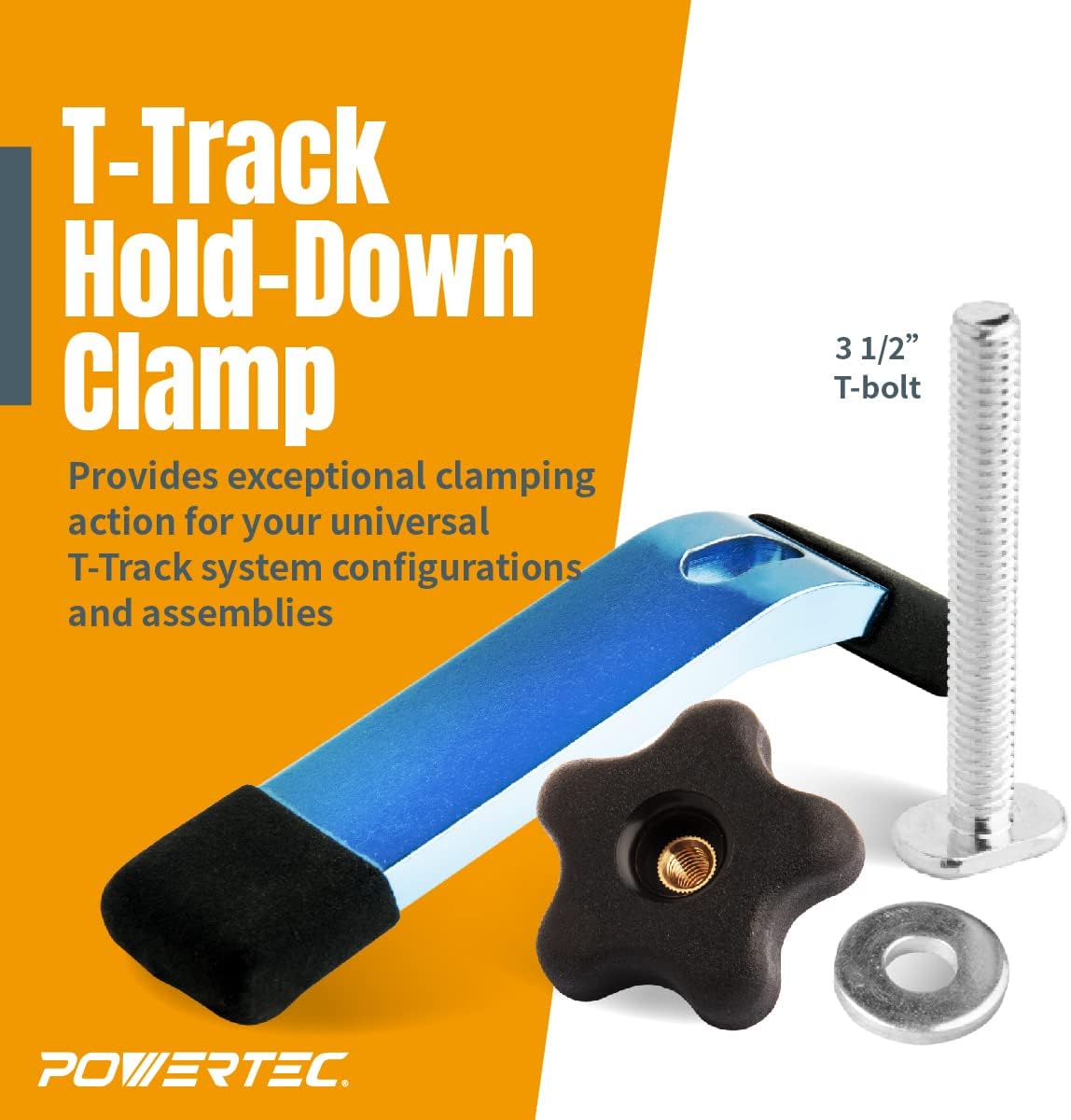 POWERTEC 71860 36 Inch x4 Universal T track with 4 Pcs Hold Down Clamp, Double-Cut Profile T track with Predrilled Mounting Holes & 5-1/2” L x 1-1/8” W T track Clamps