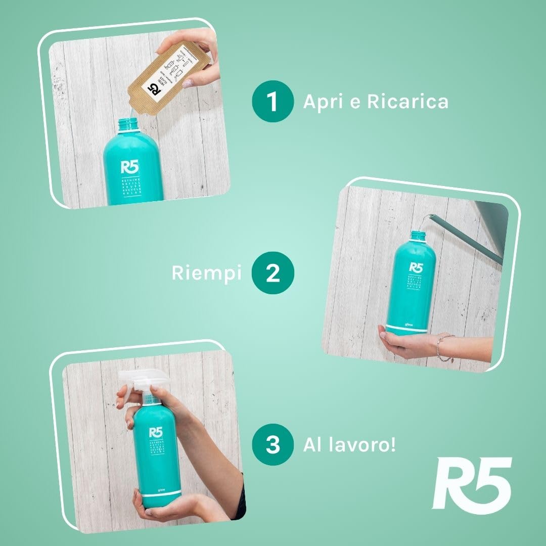 R5, Multipack 12 Refill Vetri, Detergente Vetri, Ideale per la Pulizia di Vetri, Cromature e Cristalli, Fragranza Acacia e Rosmarino, Made in Italy