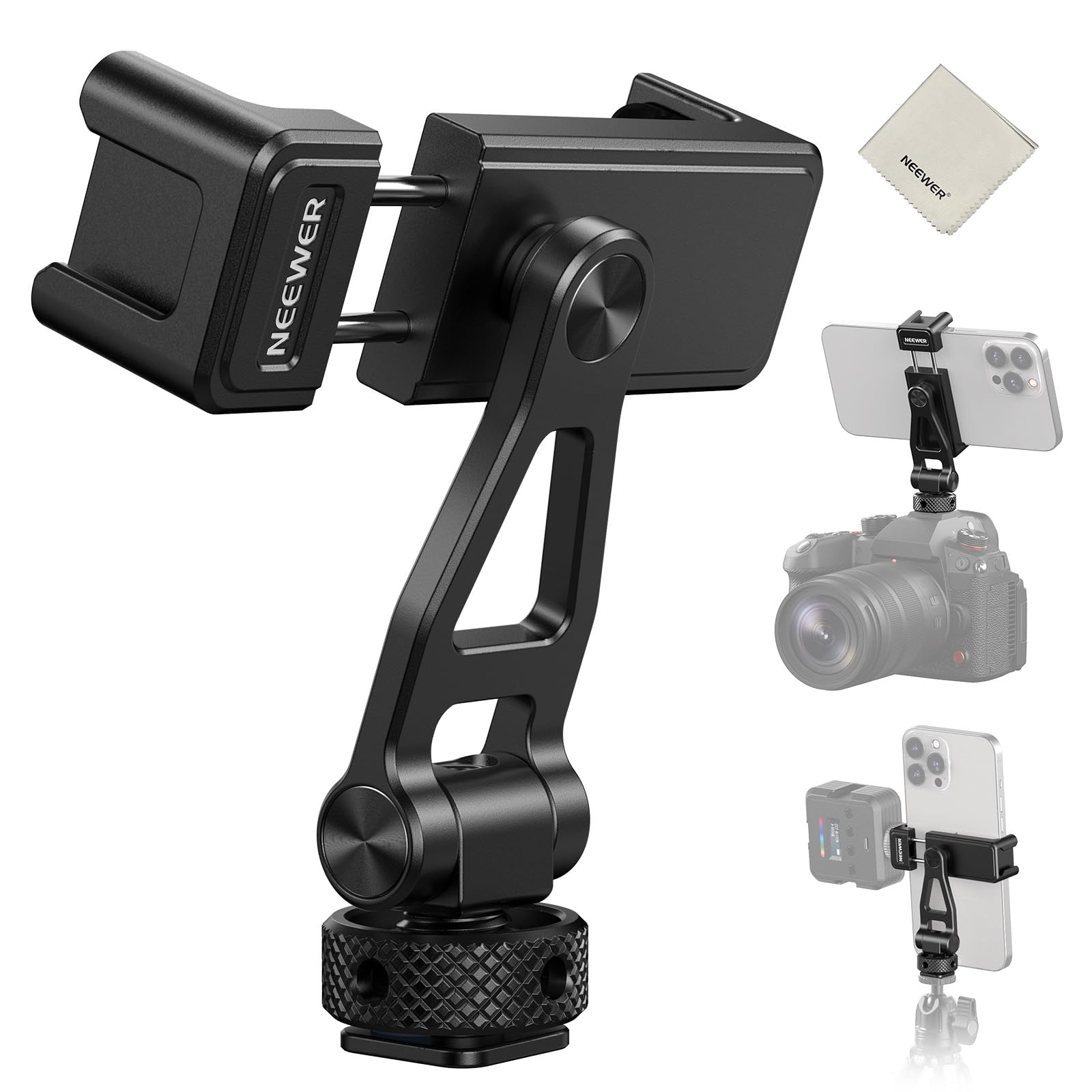 NEEWER Einstellbare Handy Stativhalterung mit 1/4" Gewinde 180°Neigung 360°Drehung Reinigungstuch Telefonklammerhalterung Kompatibel mit iPhone Samsung Android Kamerakäfig für Videoaufnahmen, GA010