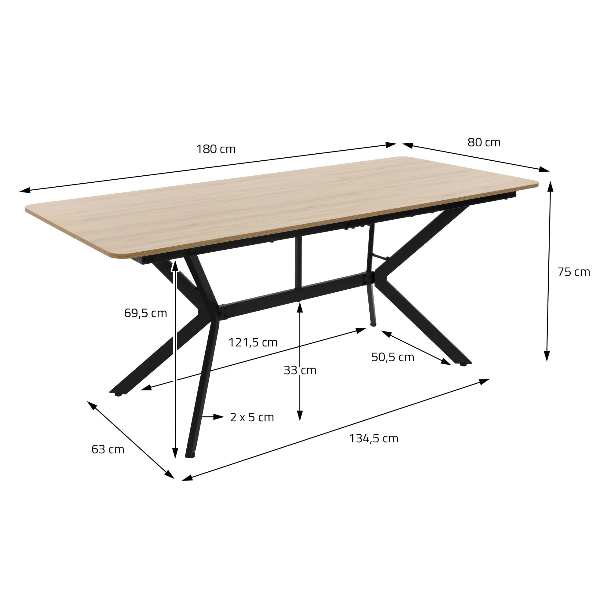 ML-Design Mesa de Comedor Marrón Claro 180x80x75 cm Rectangular para Seis Personas, Mueble para Cocina Salón, Estructura de Acero, Diseño Industrial Moderno, Patas Atornillables Regulables en Altura