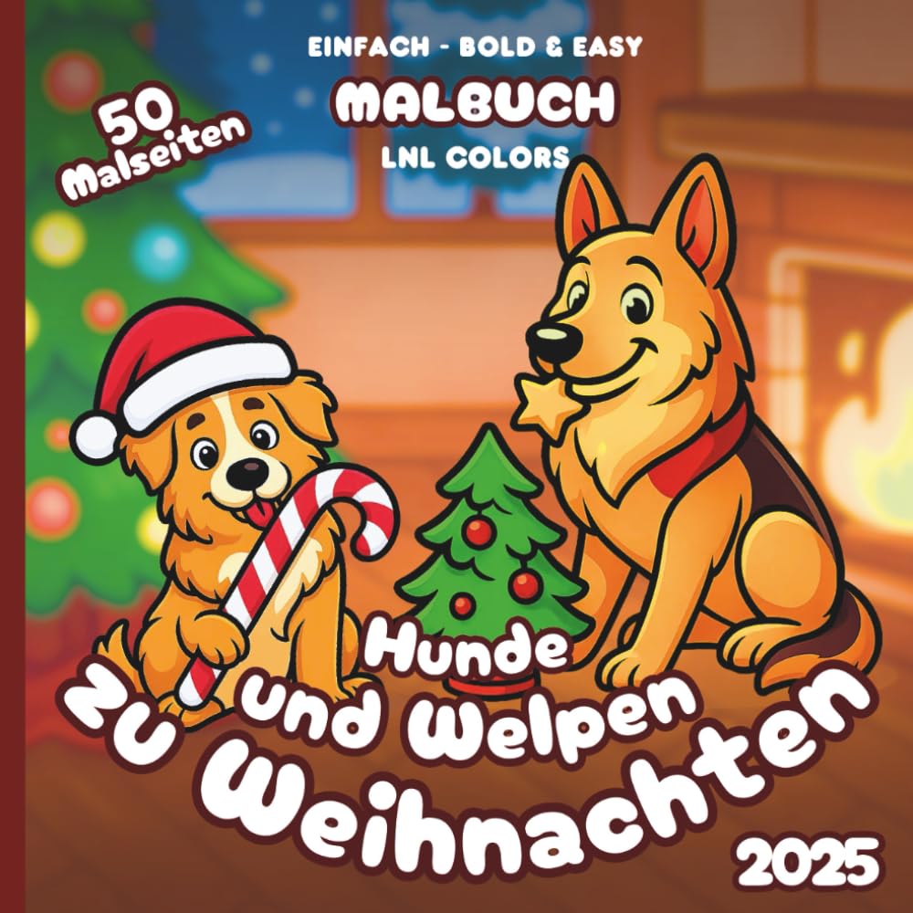 Hunde und Welpen zu Weihnachten 2025 — Bold and Easy Malbuch für Kinder und Erwachsene: 50 Ausmalmotive mit Festlichen Hunde und Welpen in Fröhlichen Momenten!