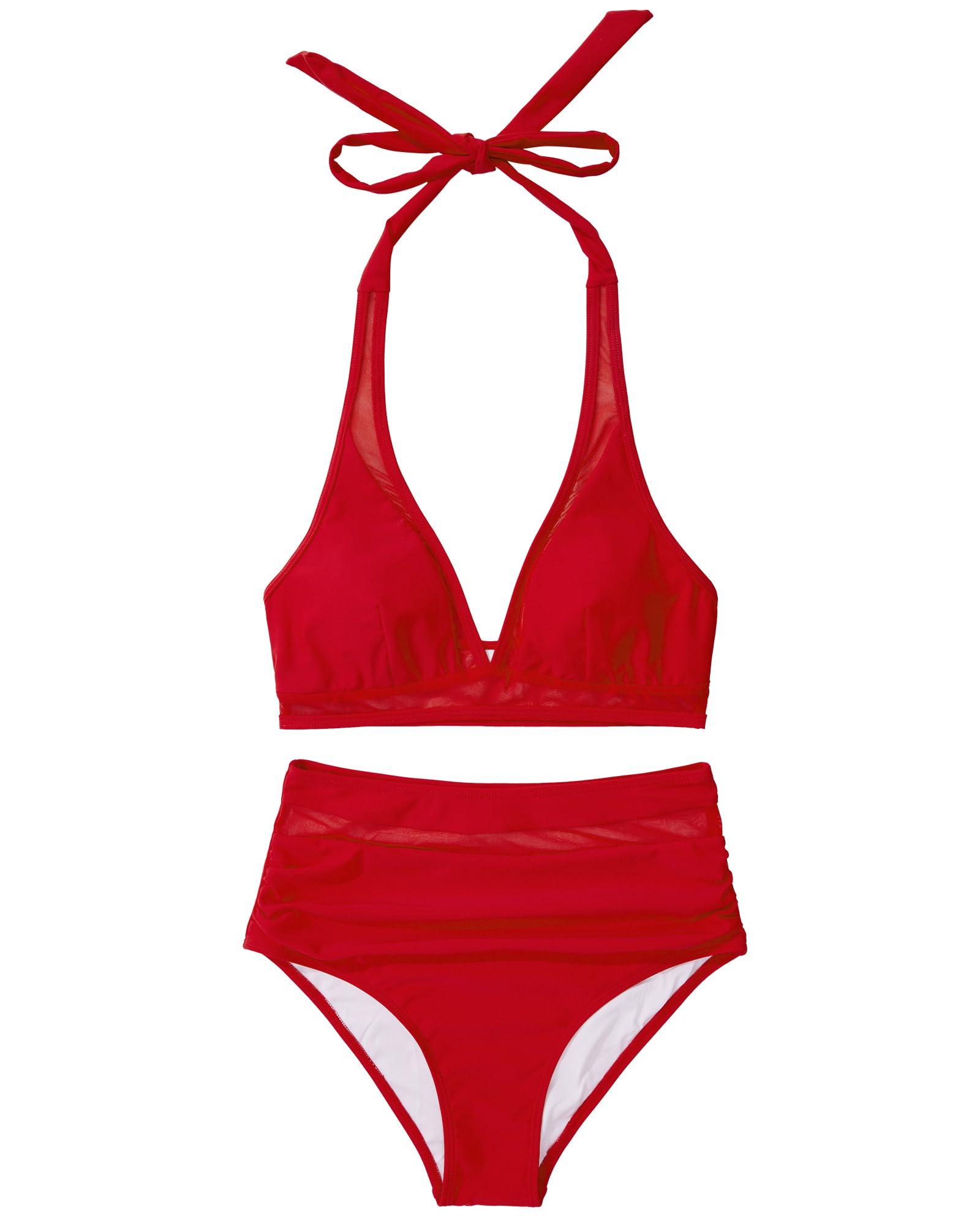 RXRXCOCO Conjunto de bikini de malla para mujer, espalda descubierta, cintura alta, push up, sexy, cuello en V, traje de baño de dos piezas, rojo, L