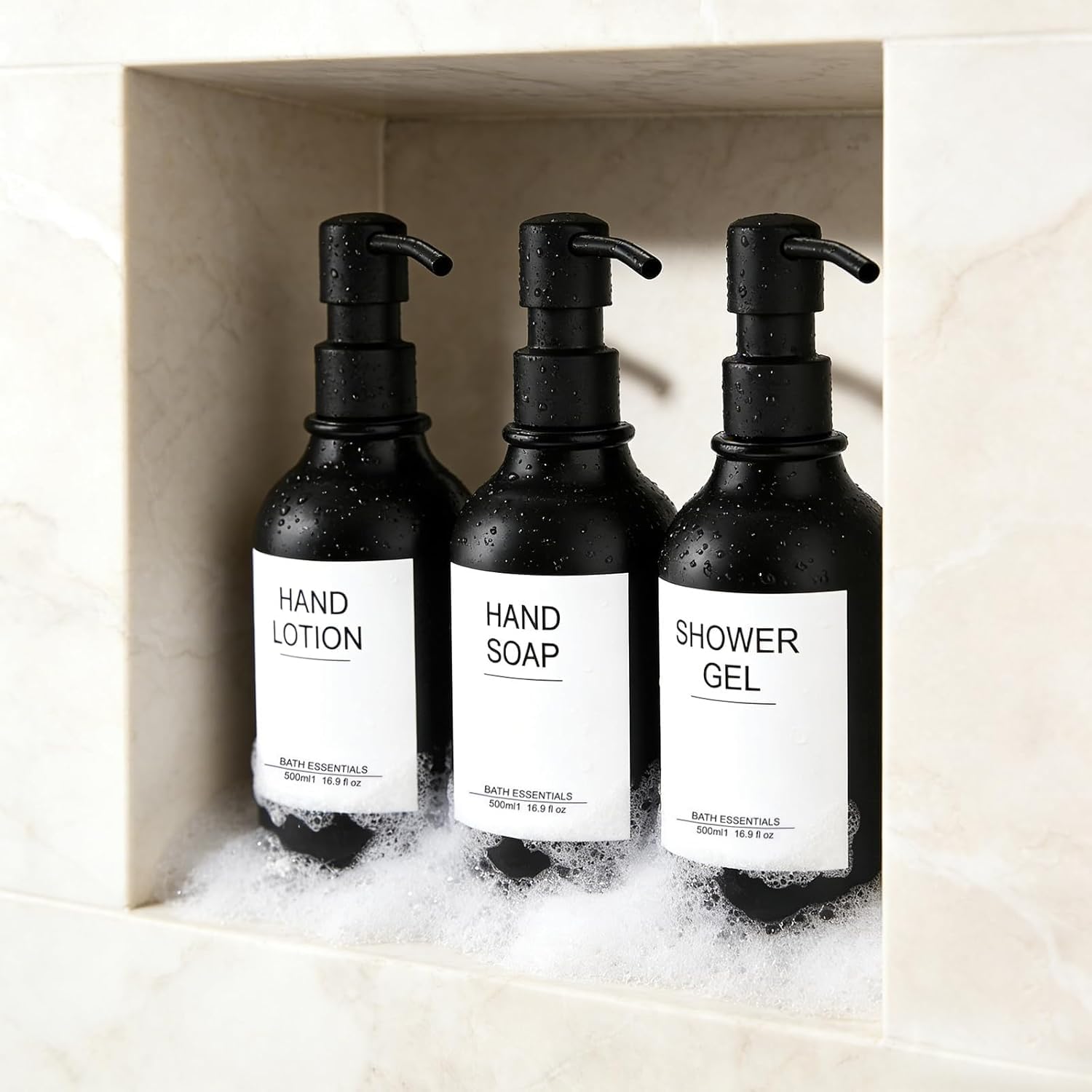 Seifenspender Wandbefestigung, 500ml Shampoo Flaschen zum Befüllen,3er Set Seifenspender Matt aus Glas, Badezimmer Seifenspender Set, Spender Pumpkopf Edelstahl,Pumpflasche + Aufkleber， 3 Stück