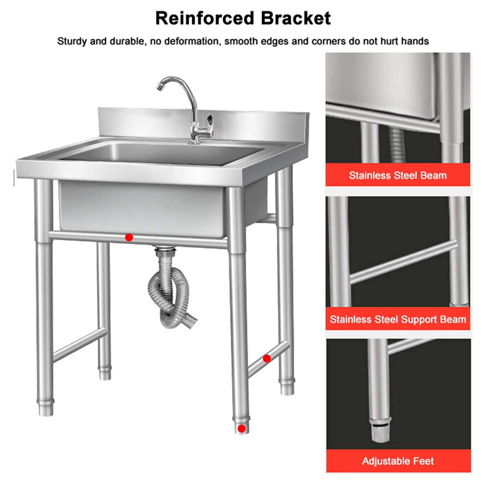 Évier de Cuisine à Une cuve de 50/60 cm, évier de Poste de Travail résidentiel en Acier Inoxydable avec kit de vidange (Salle à Manger, sous-Sol, Garage, buanderie)