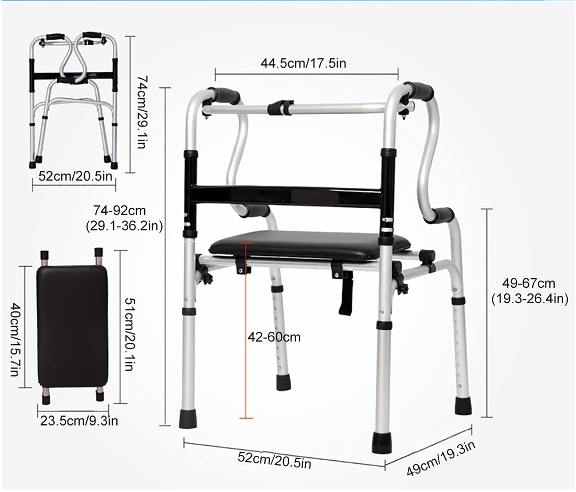 Andador con Ruedas con Asiento para Personas Altas/Ancianos/, Plegable, Ligero, Andador Compacto portátil Interior/Exterior