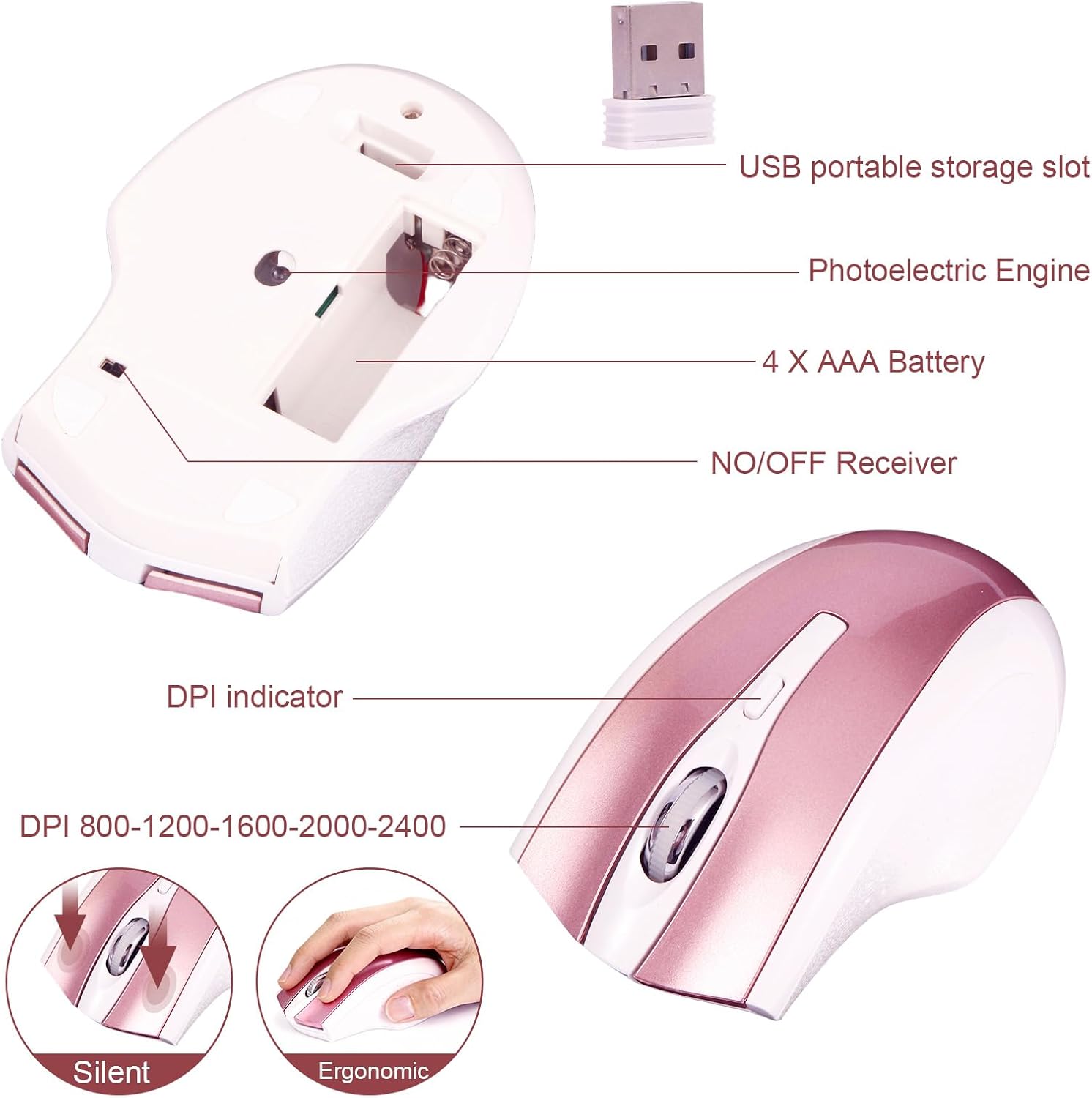 Wireless Keyboard and Mouse Set, 2.4G USB Silent Ultra-Thin Compact Full-Size Keyboard, Compatible with PC, Windows, Mac, MacBook (Rose Gold) - Image 7