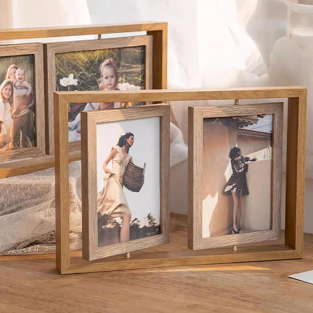 Cadre Photo Rotatif En Bois Double Face - Affiche 4 Photos - Décoration Cœur 'Love Never Ends' - Style Vintage