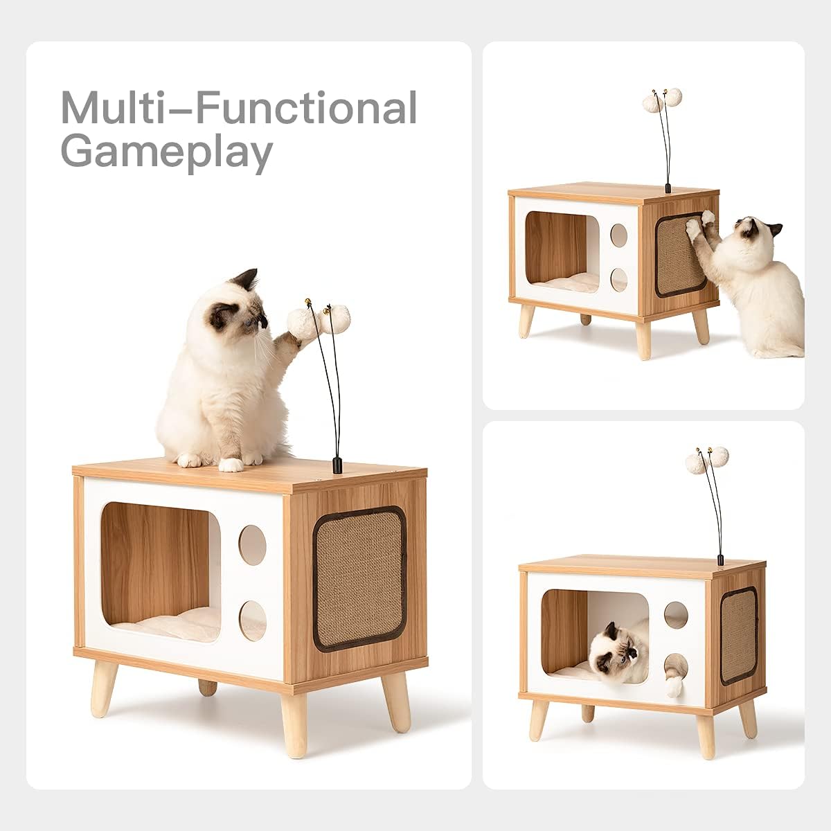 Rolife Cat House Wooden Cat Condo Cat Bed Indoor TV-Shaped Sturdy Large Luxury Cat Shelter Furniture with Cushion Cat Scratcher Bell Ball Toys : Pet Supplies