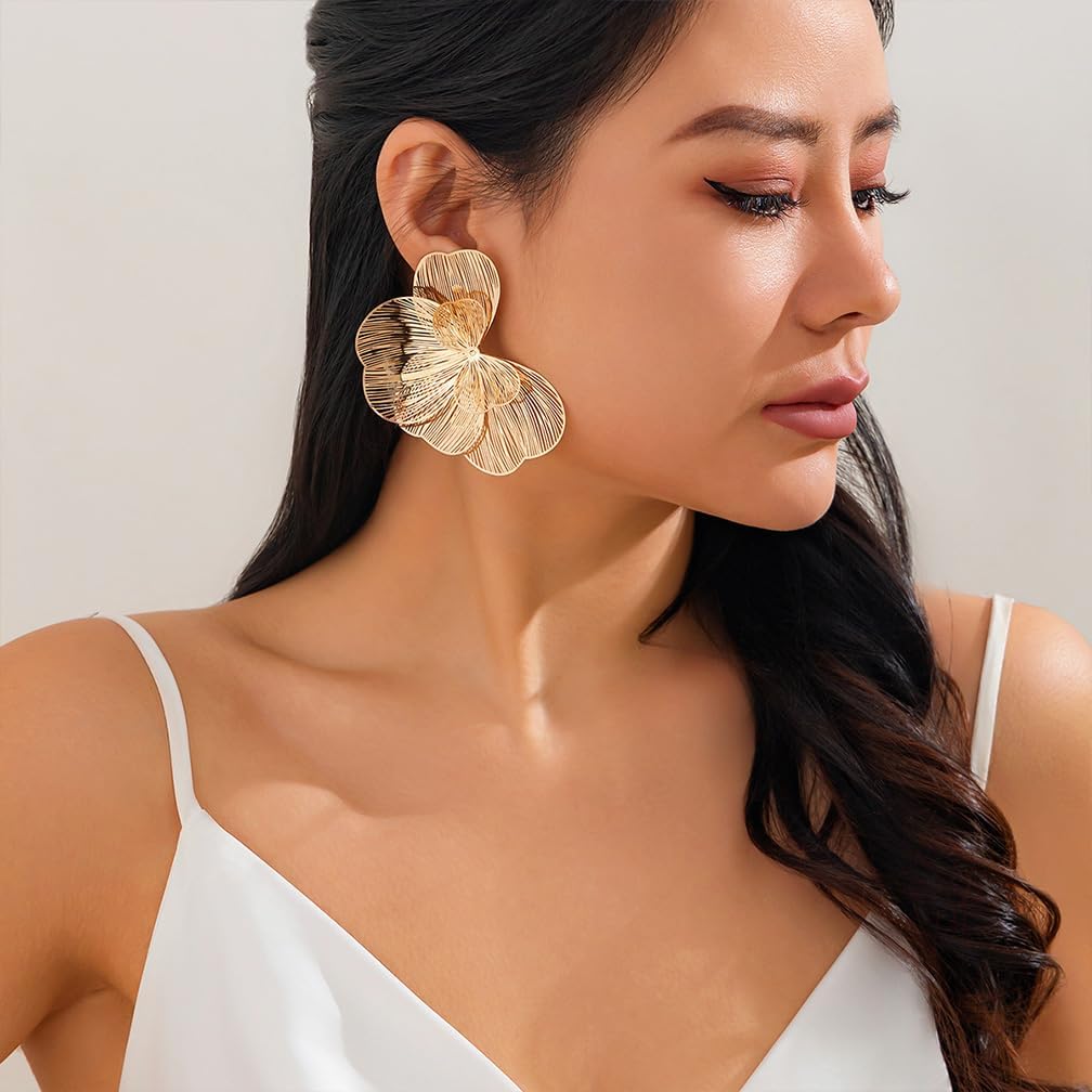 Gold Large Flower Dangle Earrings for Women Vintage Big Ginkgo Leaf Statement Silver Earring Trendy Oversized Floral Punk Jewelry Hip Hop Accessories - Image 3