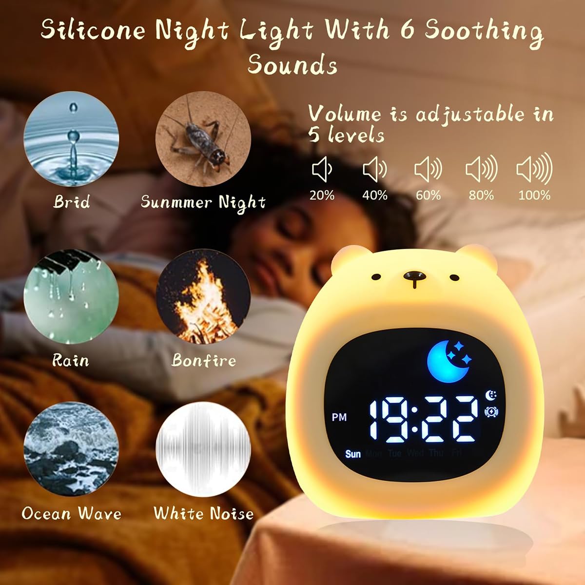 Sleep Clock Wiederaufladbarer Kinderwecker mit berührbarem Nachtlicht, 6 beruhigende weiße Rauschtöne, 1800 mAh Akku, perfekt für Jungen und Mädchen im Alter von 3–8 Jahren, ideal für Schlafzimmer und