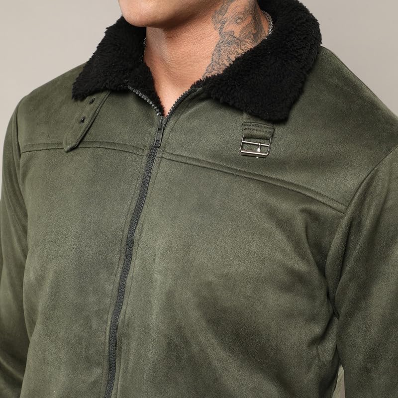 Image of CAHOOT Men's Army Green Fur-Lined Suede Bomber Jacket For Casual Wear | High Neck | Long Sleeve | Zipper Closure | Jacket Crafted With Comfort Wear For Everyday Wear