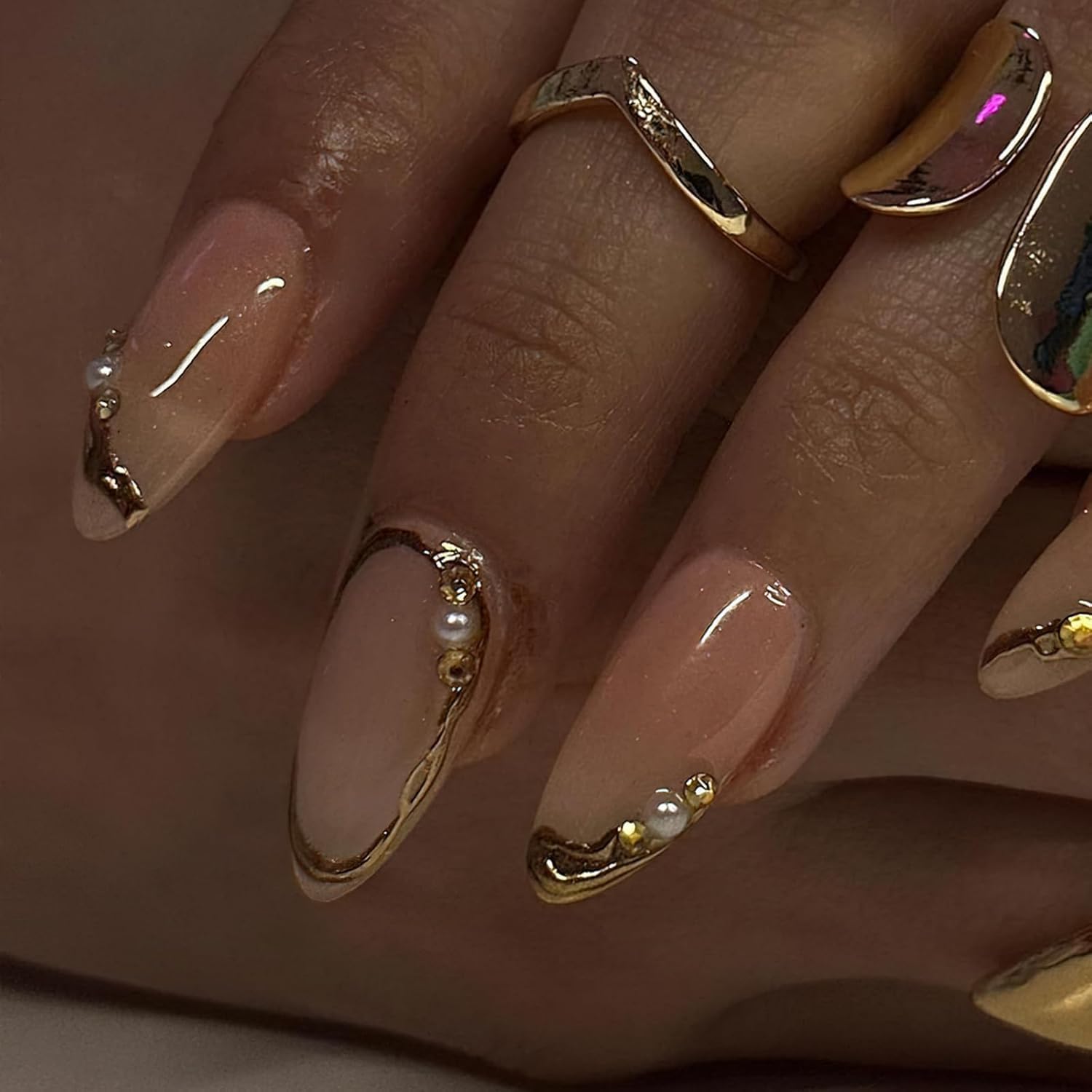 Nakhi 24 Pieces Gold Pearl Press On Nails | Long Almond Artificial Nails | Stick On False Nails for Women & Girls | Reusable Fake Nails with Glue for Party, Wedding