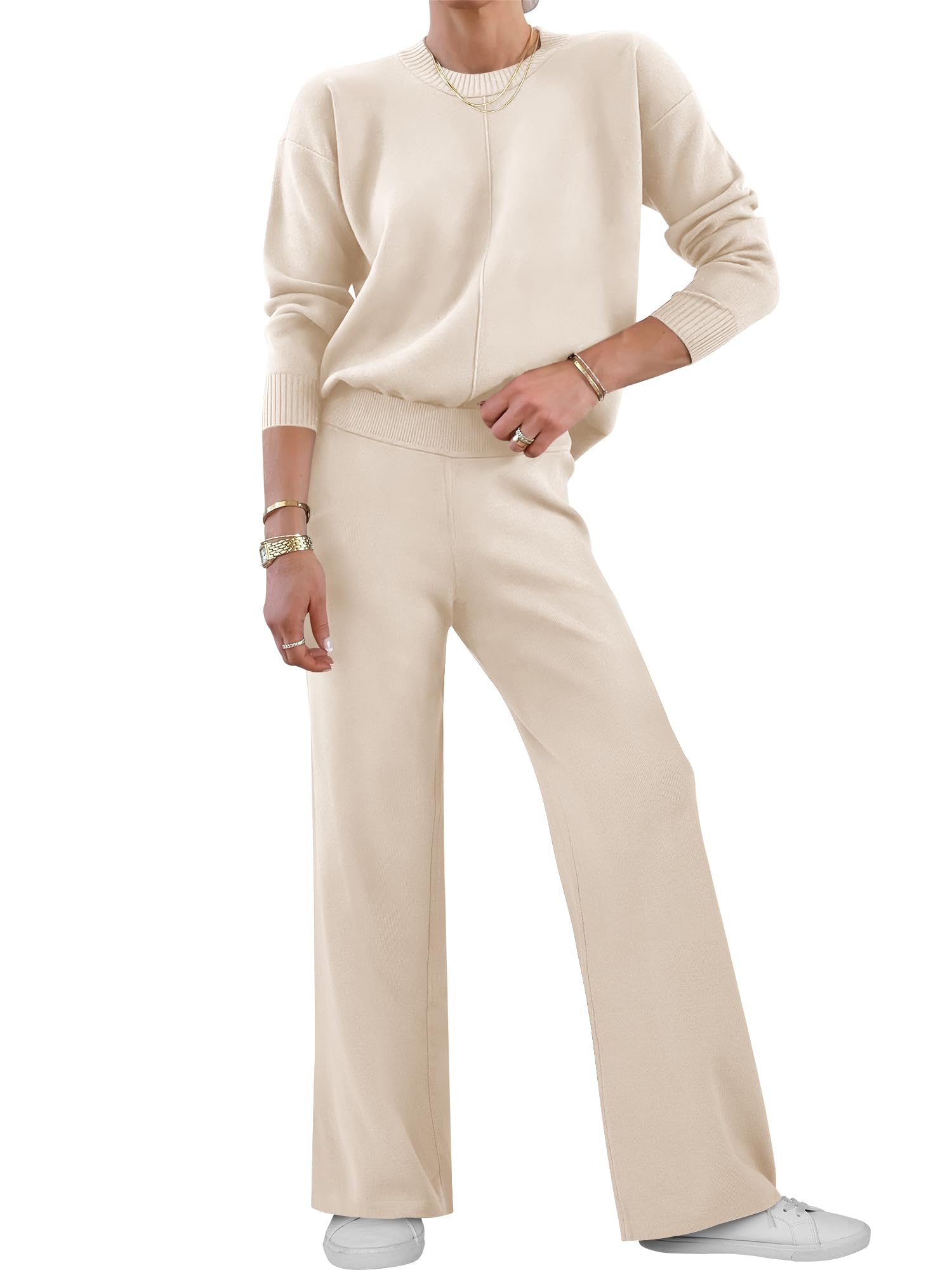 ANRABESS Womens Two Piece Outfits Lounge Sweater Sets Casual Pullover Knit Tops Wide Leg Pants 2024 Fall Clothes