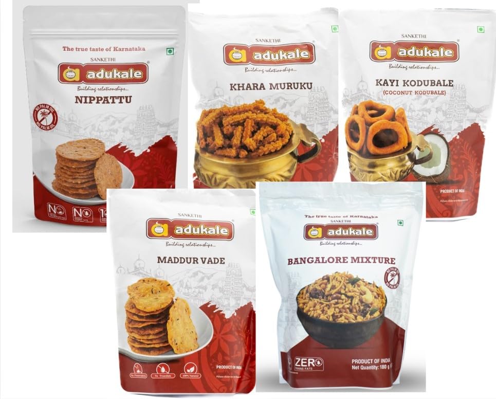 Adukale Combo Pack - 5 Contain - Maddur vade, kayi kodubale, Khara Murukku, Bangalore Mixture & Nipattu Per Pack 180g