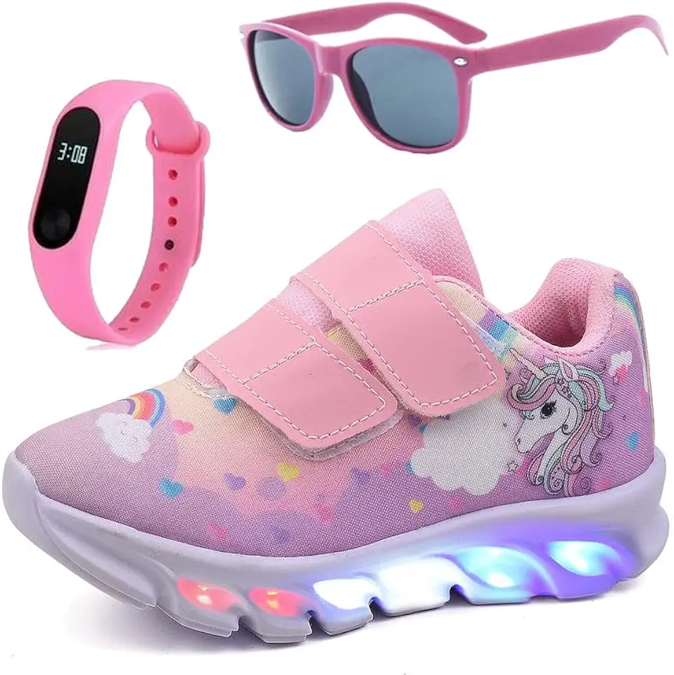 Tenis Infantil De Led Unicornio Calce Facil Meninas LIGHT + Oculos Relogio
