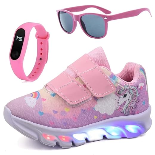 Tenis Infantil De Led Unicornio Calce Facil Meninas LIGHT + Oculos Relogio Cor:Rosa;Tamanho:20