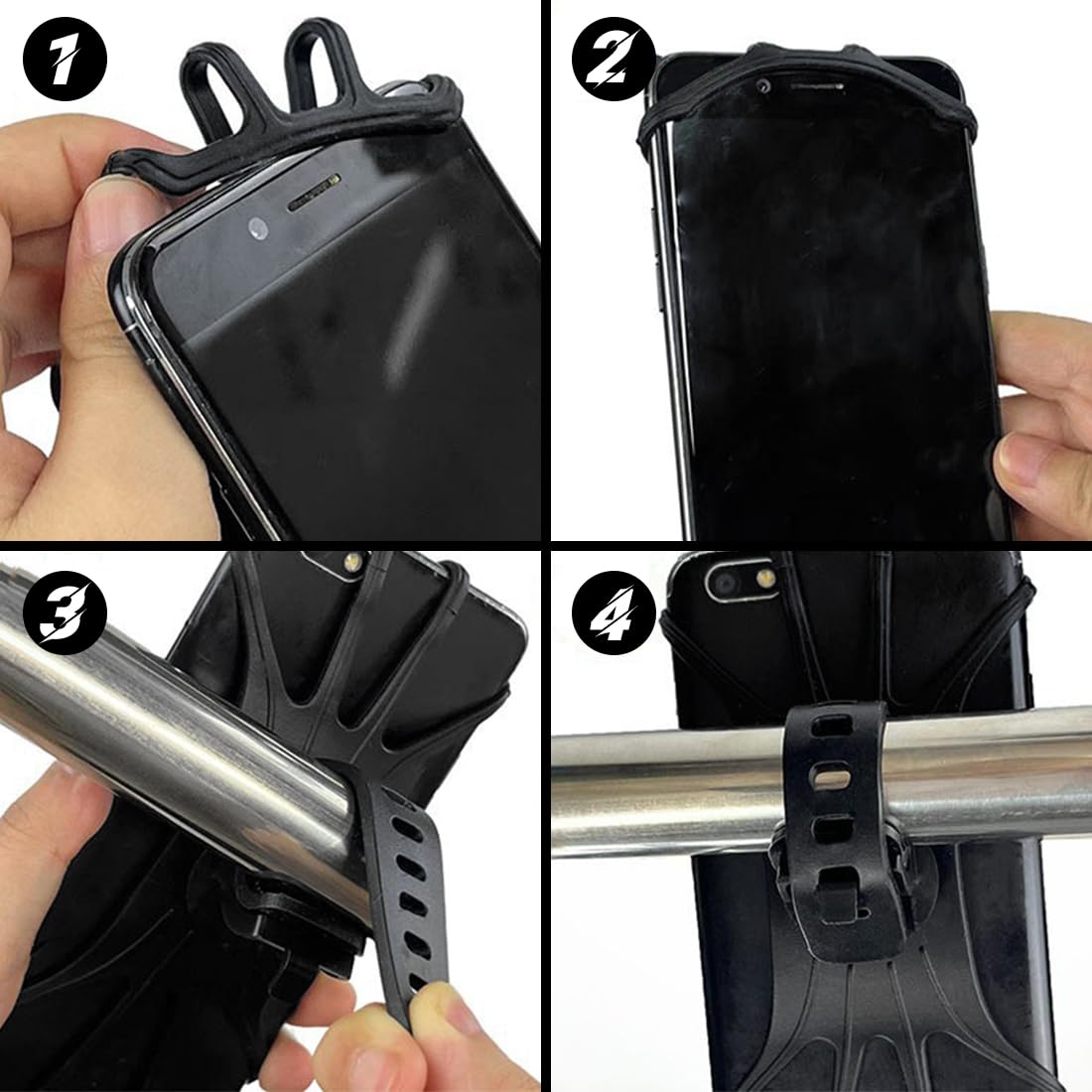 2 Pièces Porte Telephone Velo, Support Téléphone Velo Portable en silicone pour vélo, Rotatif à 360 °, Support de téléphone portable, Compatible avec iPhone SE/11/12/13/14Pro Max/X/XS MAX/8'' à 6,5''