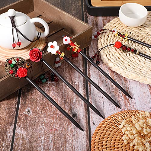 6 Pieces Chinese Wood Hair Sticks Japanese Vintage Tassel Hair Chopsticks Retro Flower Hairpins Handmade Wooden Hair Pins Classic Hair Accessories For Women Girls Long Curly Hair (Vintage Pattern) #TOP4
