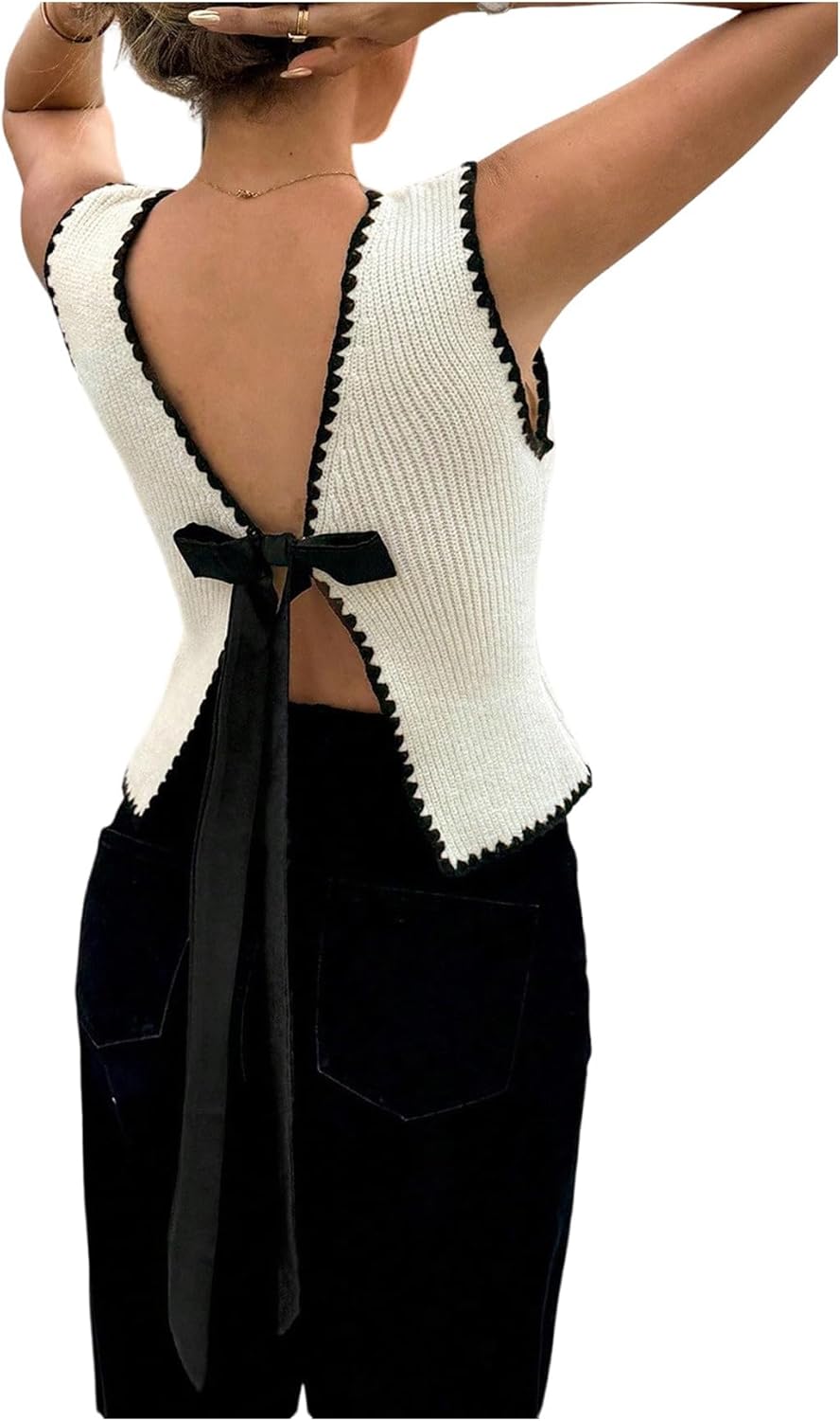 Floerns Women's Cute Sweater Vest Sleeveless Crewneck Knitted Bow Tie Back Pullover Tank Tops - Image 3