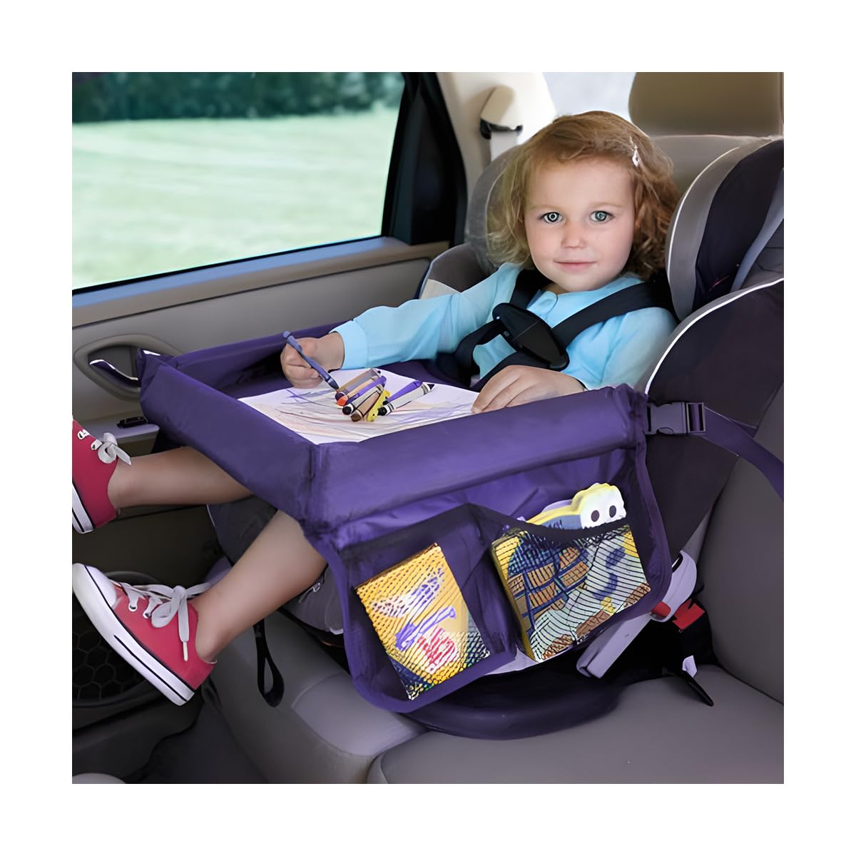 CGEAMDY Bureau Lap Pour Siège Voiture, Plateau Siège Voitures Pour Enfants, Plateau De Voyage Enfant Voitures Avec Grande Espace Sac Rangement Accessoires Voiture De Voyage Polyvalent(Pourpre)