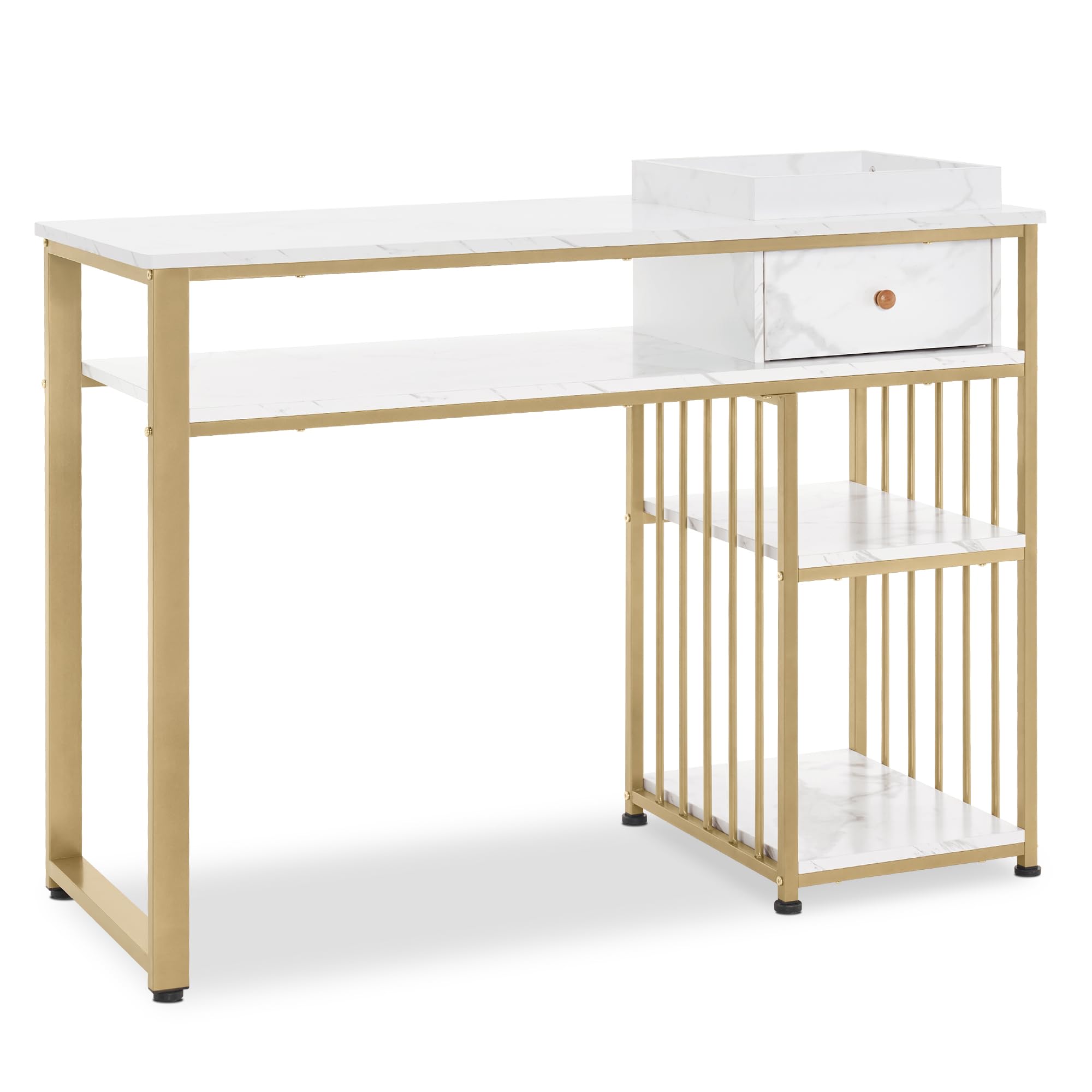 M MCombo scrivania con cassetti, tavolo per unghie con ripiano, tavolo manicure in legno, struttura in metallo, toeletta senza specchio, soggiorno moderno, marmo bianco oro, 45 x 110 x 80,5 cm, 2498