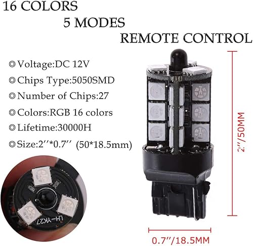 Miniatura 2 de 1797 Bombilla LED RGB 7440 T20, color ámbar, blanco, rojo, multicolor, 16 luces de freno que cambian de color, señal de giro, cola inversa, luz