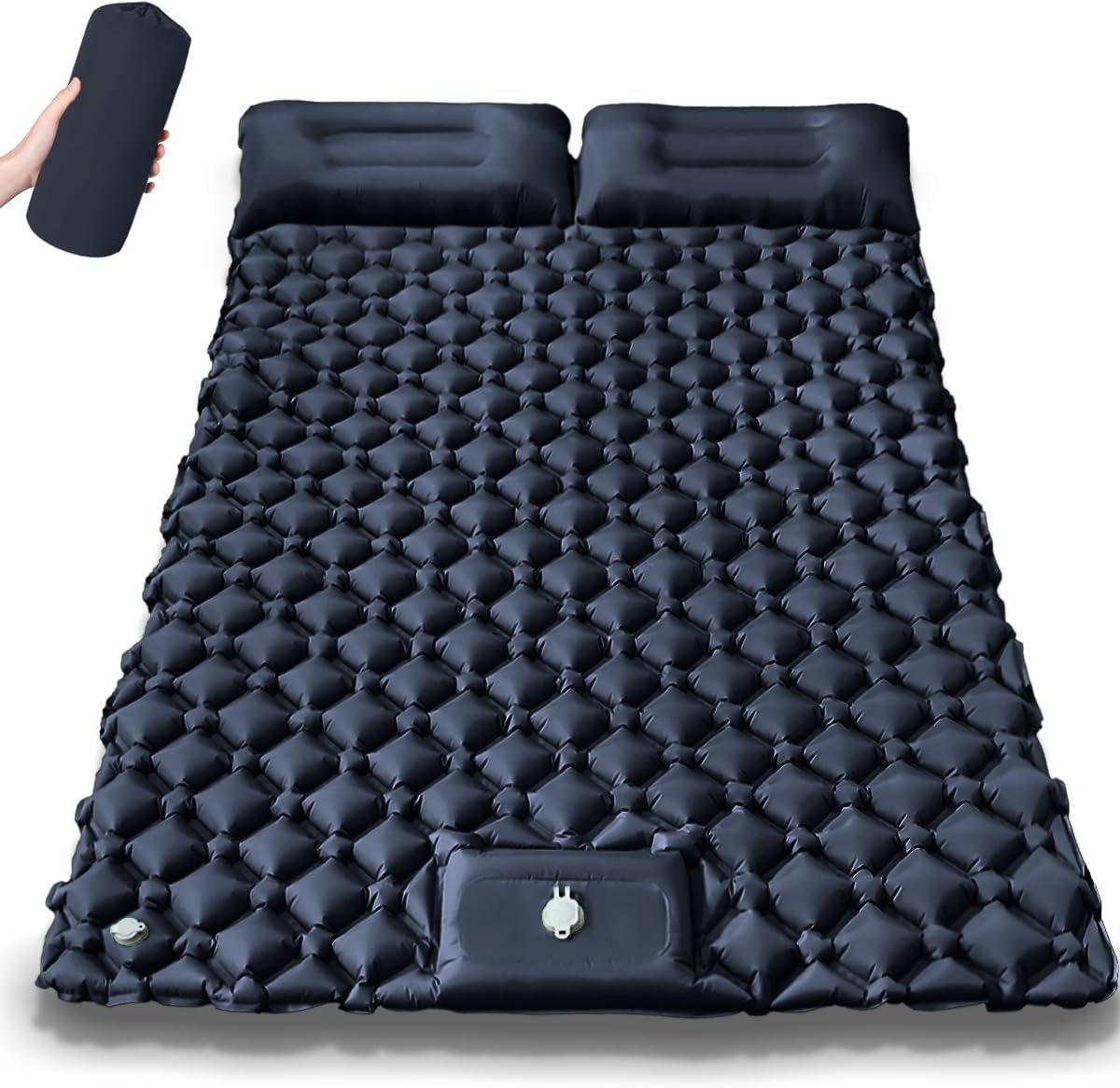 Double Sleeping Pad - Self Inflating Extra-Thick for 2 Person with Pillow Built-in Foot Pump Inflatable Sleeping Mat for Backpacking, Hiking, Traveling, Tent, Portable Camping Mat (Green)