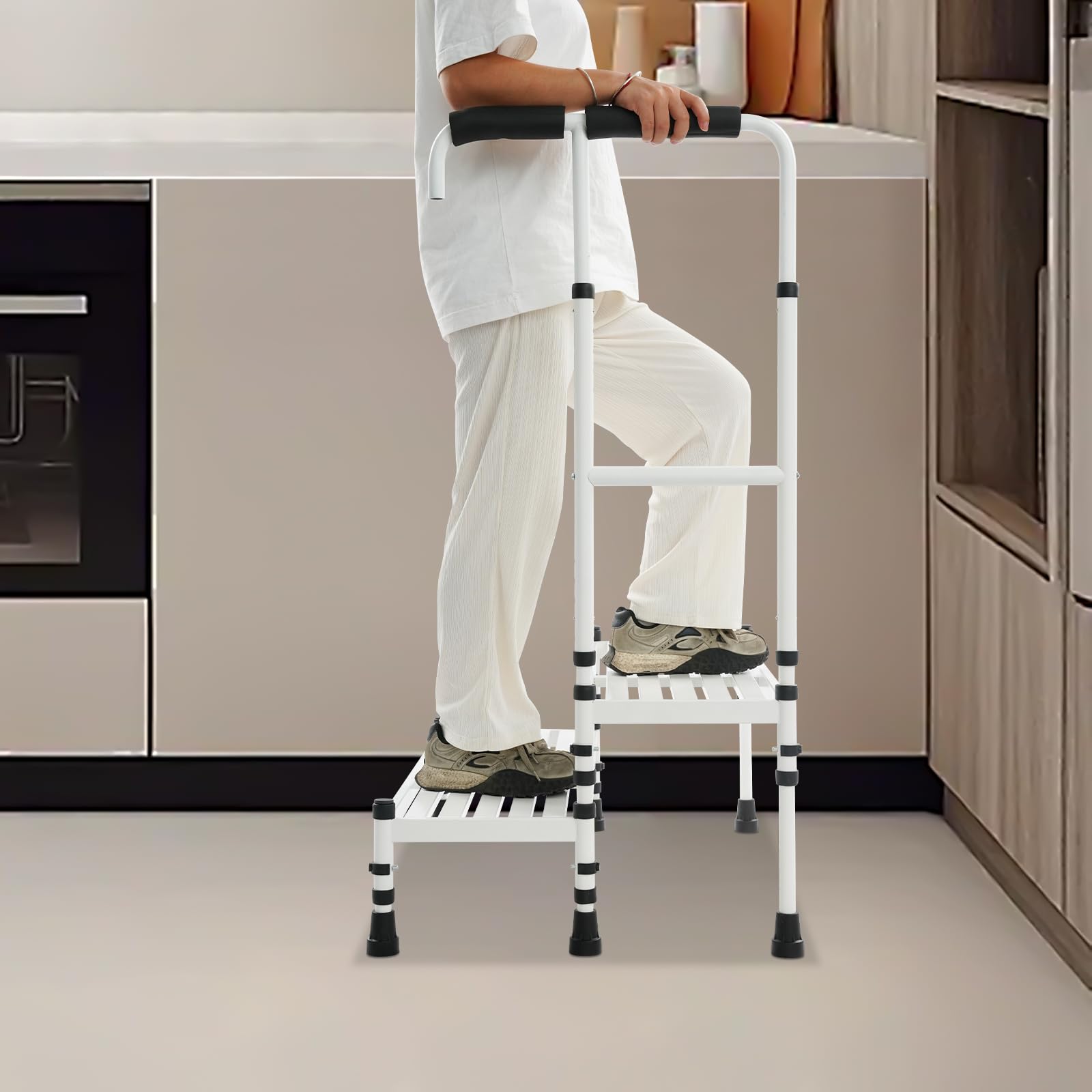 Scalino per vasca da bagno con maniglia, 2 gradini, sicuro per anziani e disabili, sgabello antiscivolo e gradino per letti alti, cucina, comodino e auto