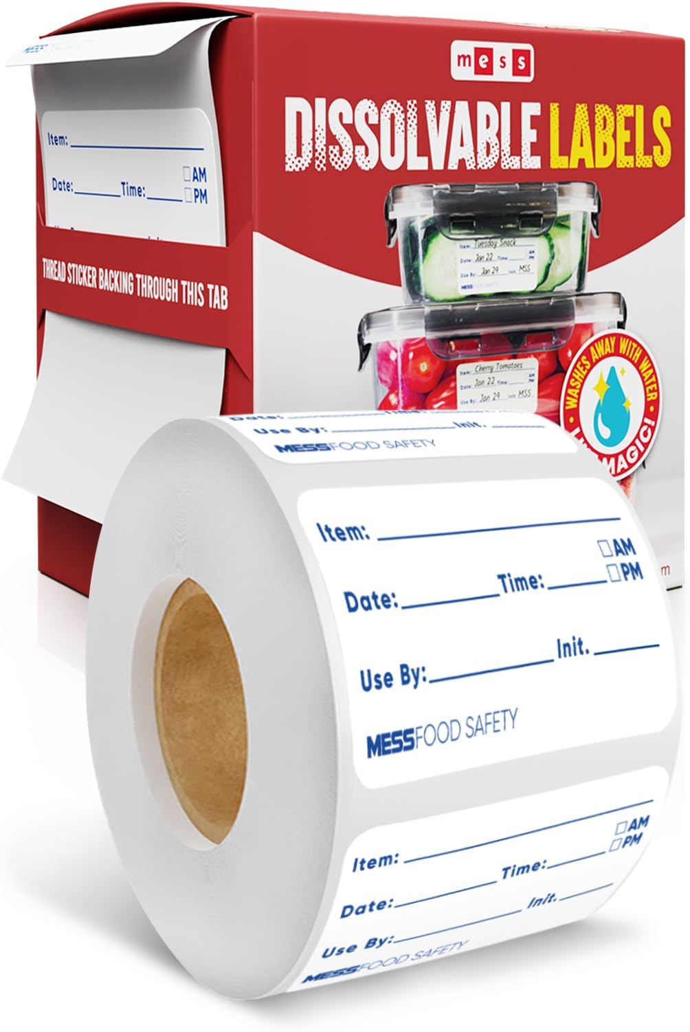 MESS Dissolvable Food Labels, 1x2, 200/Roll - Dissolves in 30 Seconds or Less - Removable Pantry, Meal Prep & Food Storage Labels – Canning & Freezer Use
