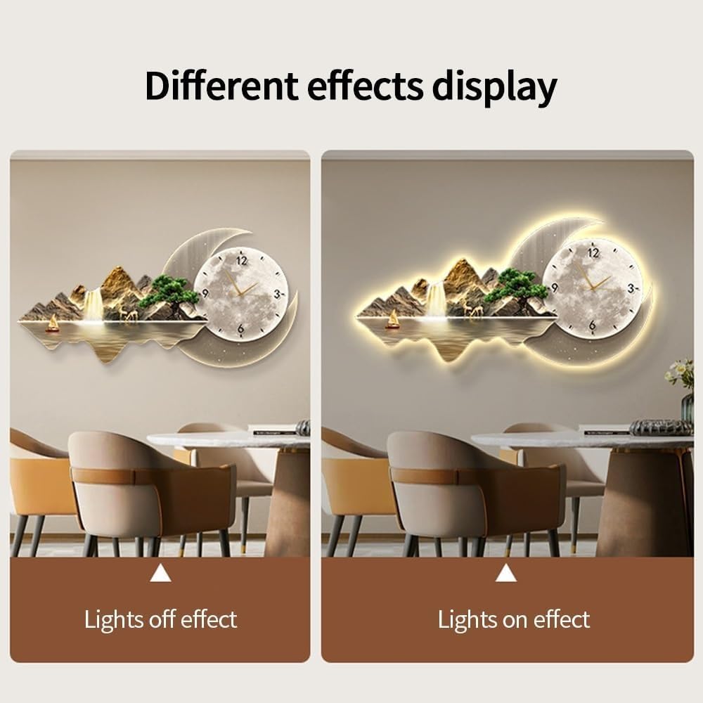 Horloge Murale LED décorative avec éclairage, Alimentation Secteur, Sculpture Murale 3D, Tableau Suspendu créatif pour Salon ou Chambre, A-31,5 * 15,7in/80 * 40cm,A-31.5 * 15.7in/80 * 40cm