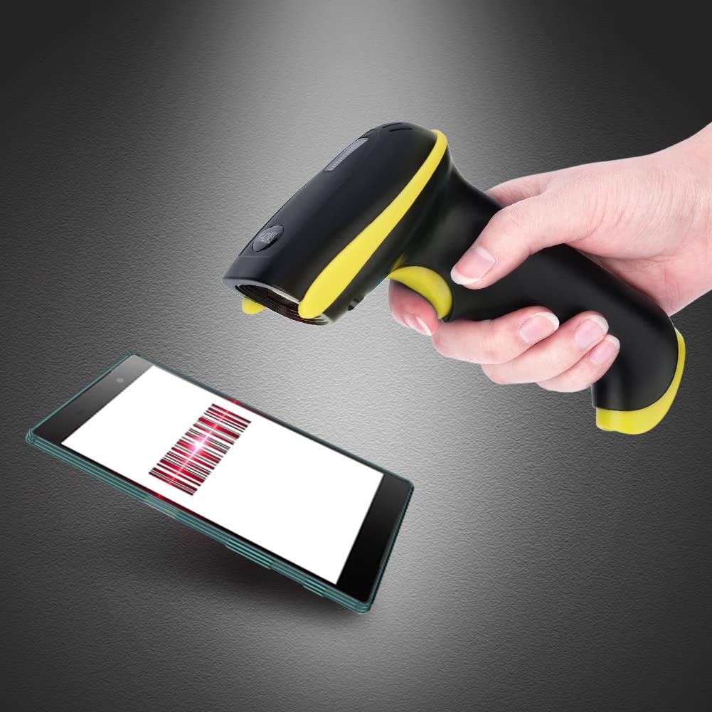 ciciglow Lettore Scanner, Scanner di Codici a Barre Wireless Portatile modalità di Connessione Doppia da 2,4 GHz Alta Sensibilità per Magazzino, Supermercato, Hotel e Altro(Giallo)