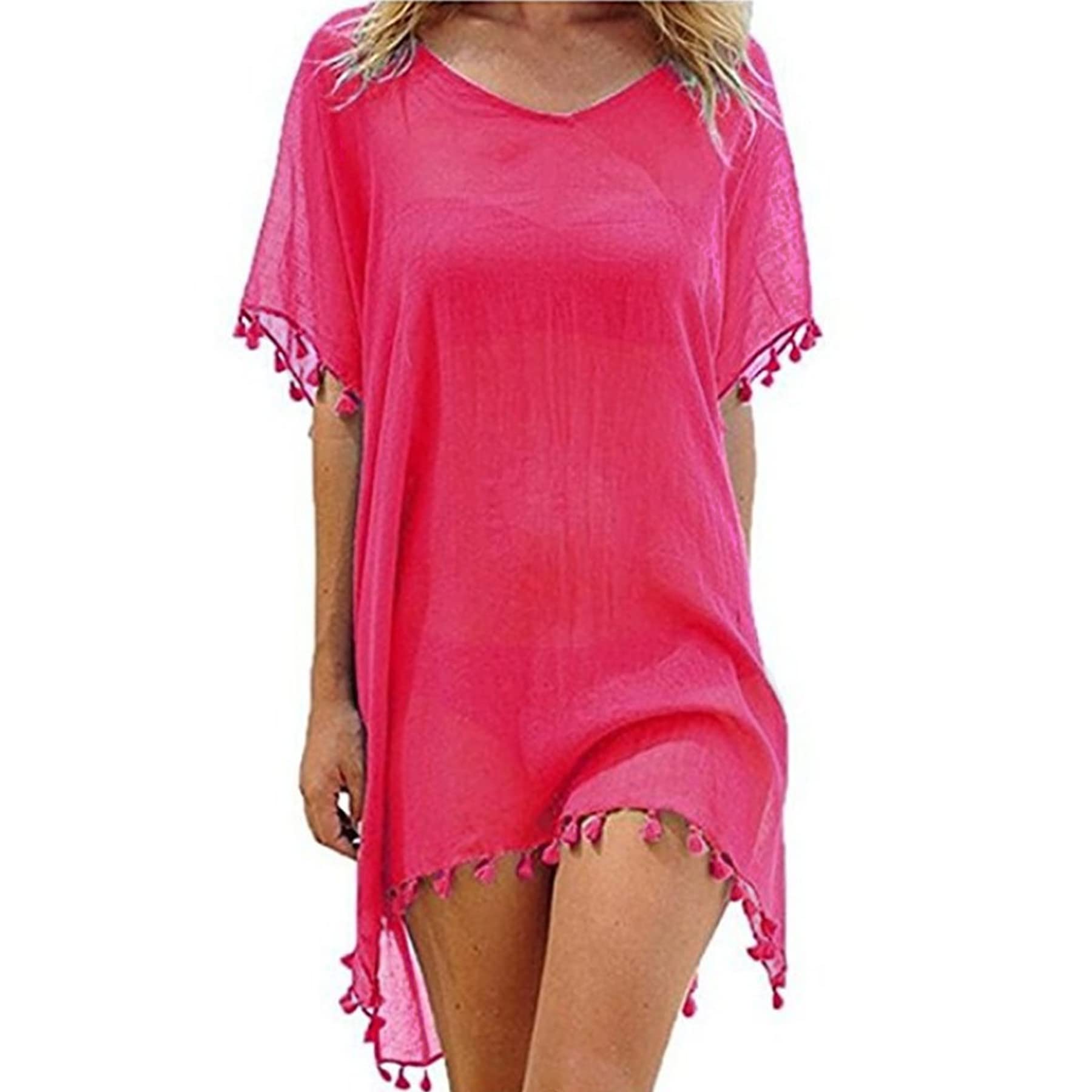 Blurbe Women's Rose Red Beach Cover Up - Chiffon Beachwear Tassel Swimsuit Cover Ups Swimwear Bikini Beach Dress Bathing Suit Cover Up