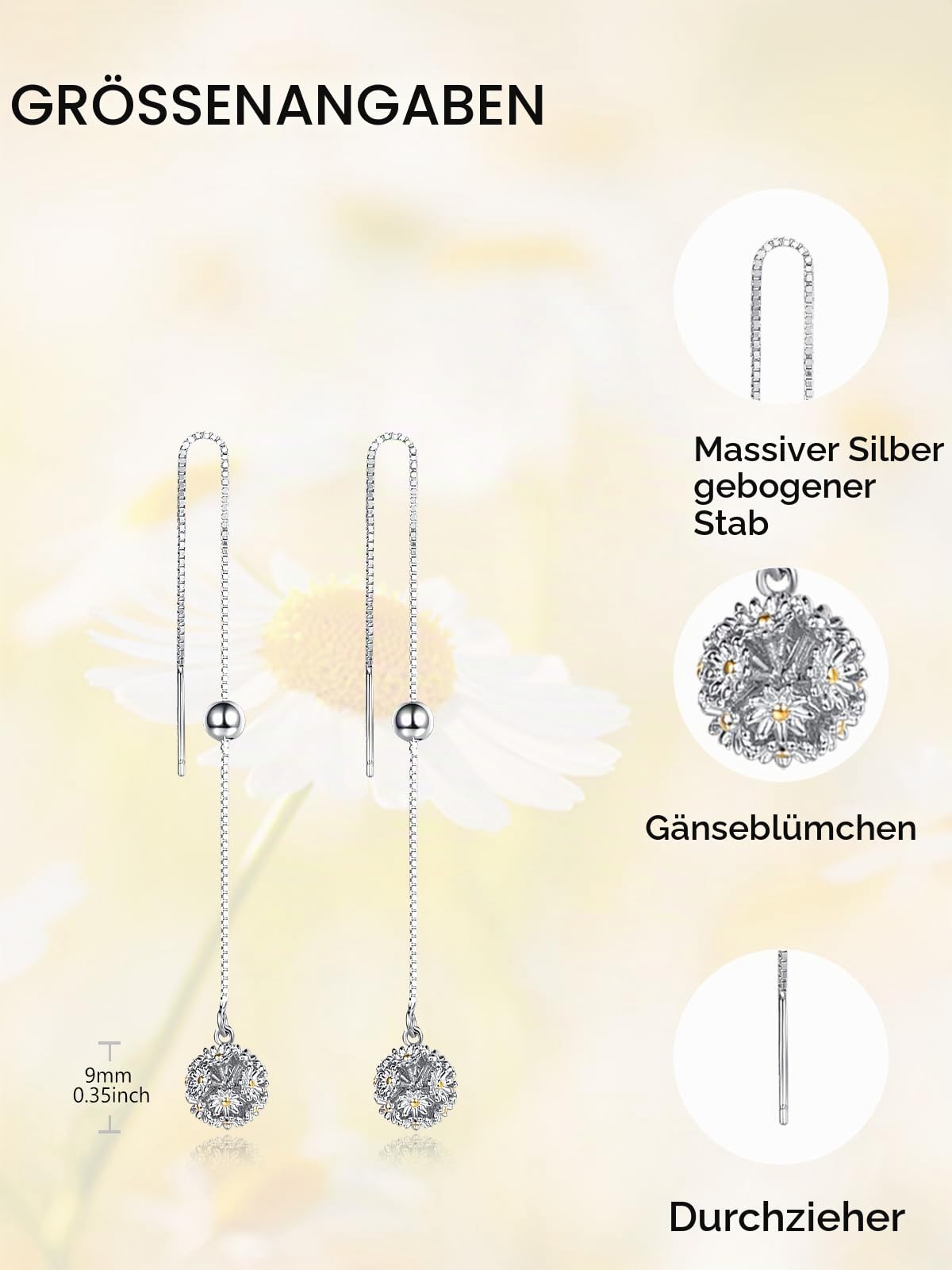 KINGWHYTE Threader Ohrringe Damen 925 Sterling Silber Daisy Blume Ohrring Langkette Drop Hangle Threaderohrringe Geburtstag Valentinstag Schmuck Geschenke für Frauen