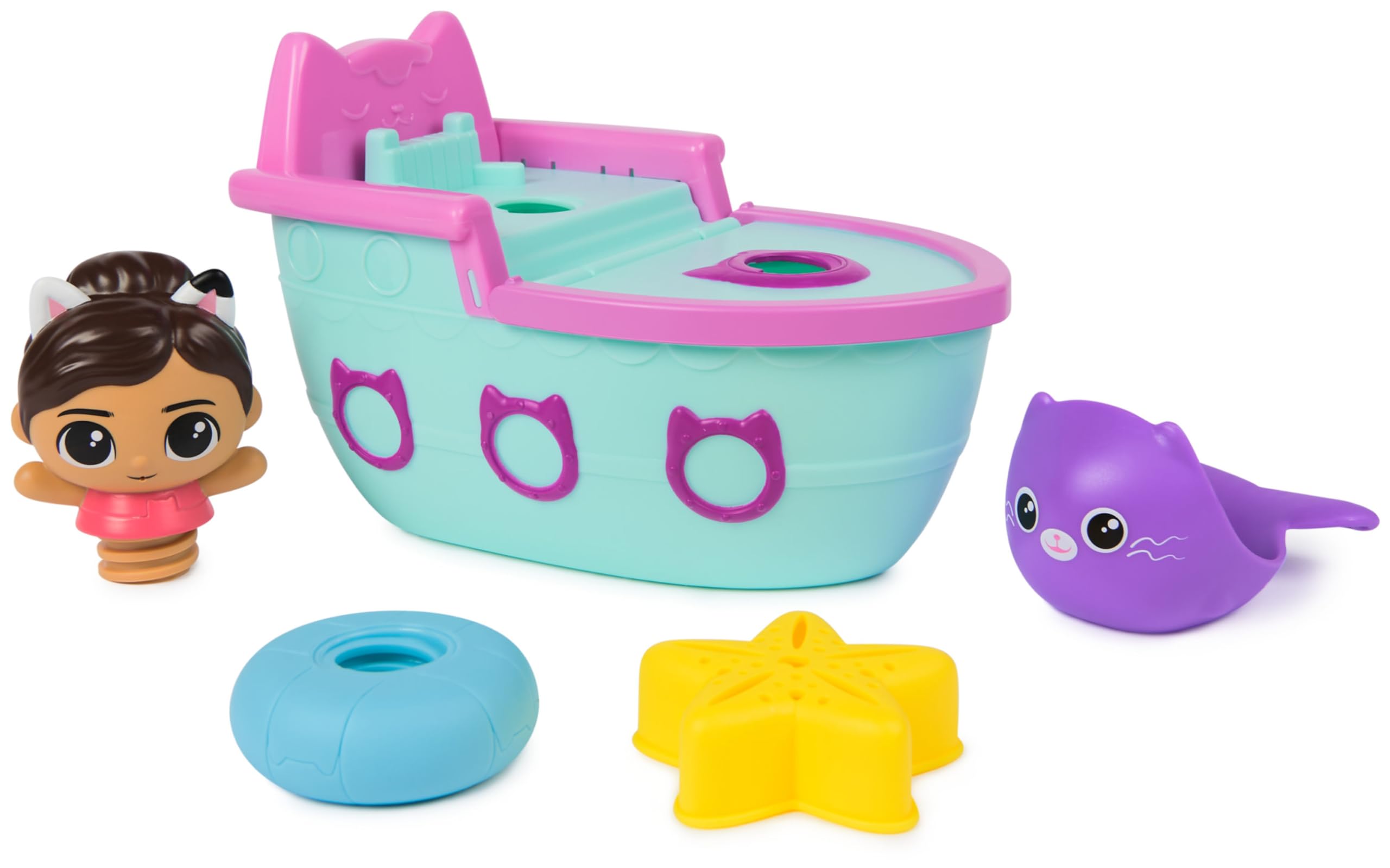 Gabby’s Dollhouse: Gabby & SS Mercat Bath Set, Floating Toddler Bath Toys with Cruise Ship and Squirter, Kids’ Toys for Girls and Boys Aged 3+