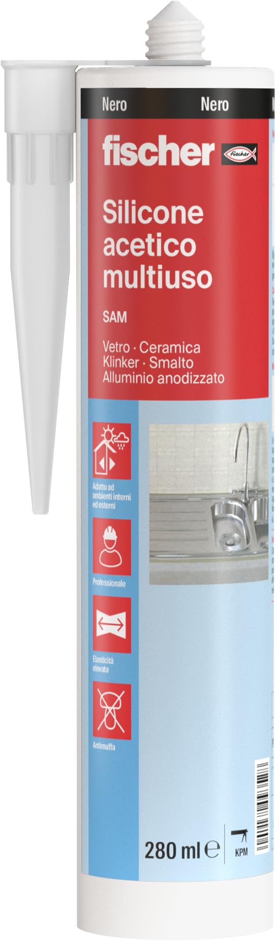 Fischer Silicone Acetico Multiuso Nero SAM 280 ml, Sigillante Antimuffa per Vetro, Alluminio, Smalto, Ceramica, Adatto per Bagno e Cucina, 9352