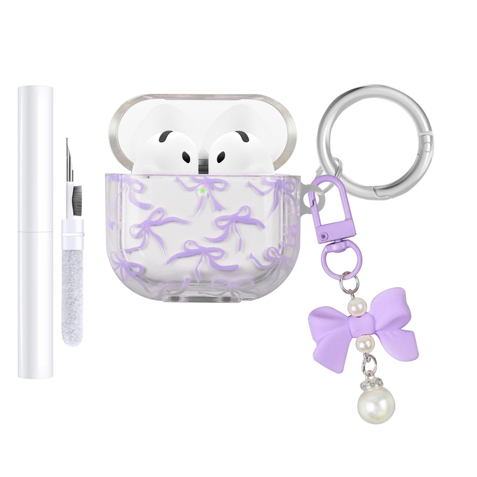 Compatible with AirPods 4 Case Cover 2024, Soft TPU Case with Cute Flower Pattern for AirPods 4th Generation Case with Flower Keychain and Cleaning Kit for Girls Women (Purple Bow)