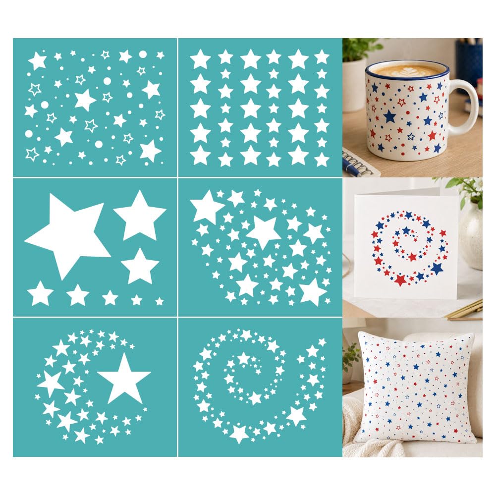 GOMAKERER 2 Sheets Star Silkscreen Stencil, Multi-Style Star Painting Stencils Templates Reusable Self-Adhesive Silk Screen Printing for Wall Border Wood Fabric Home Craft Decor
