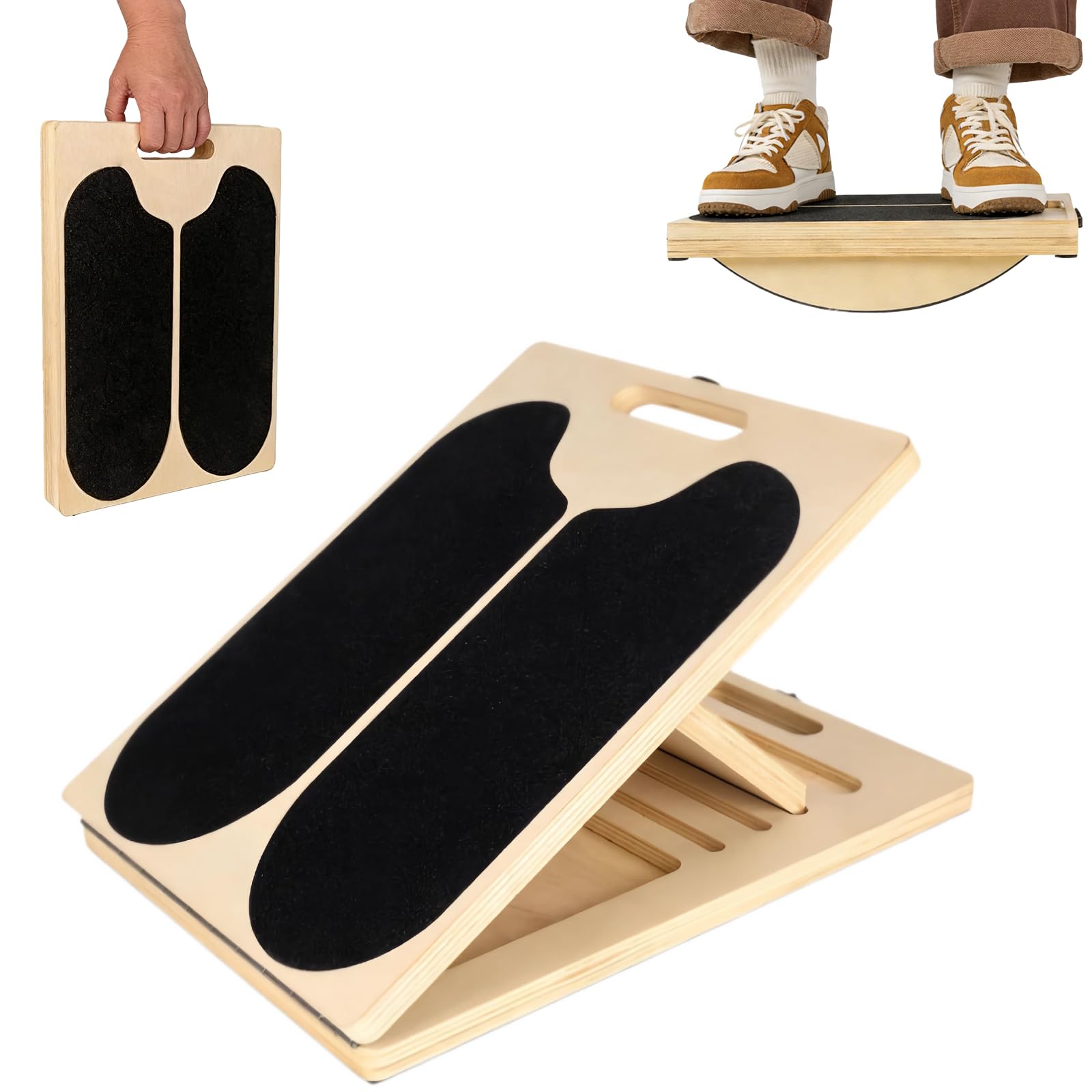 Slant Board & 180°/360° Balance Board, 3-in-1 Portable Adjustable Calf Stretcher, Wooden Stretch Mobility Board Anti-Slip 300LBS Wobble Board for Physical Therapy, Standing Desk & Core Strength