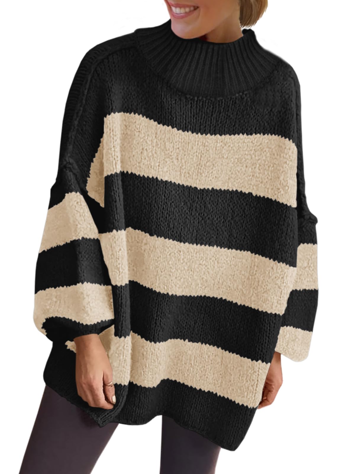 Saodimallsu Womens Oversized Striped Sweater Mock Neck Chunky Knit Lantern Long Sleeve Fall Trendy Tunic Sweaters Top
