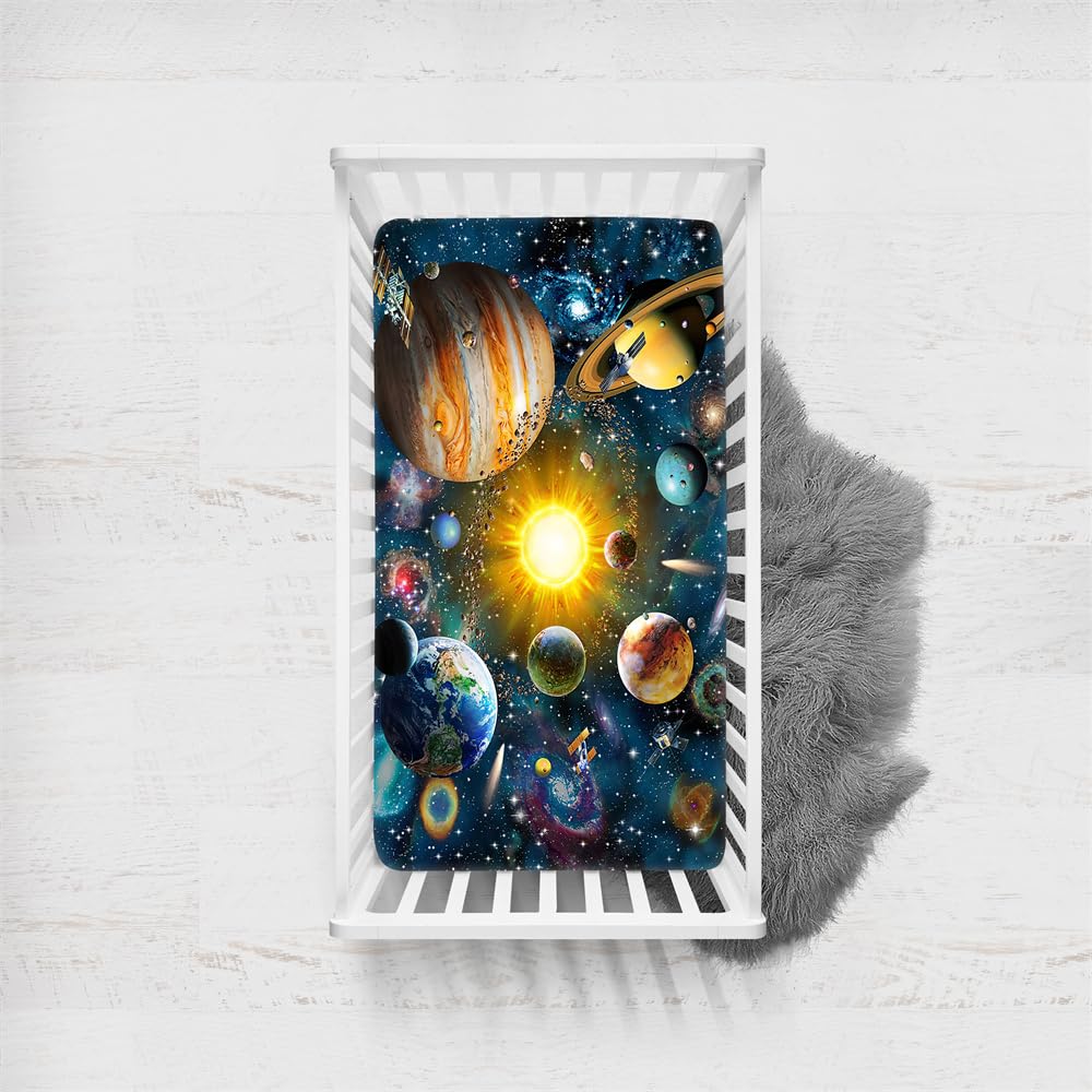 Odot Cot Bed Fitted Sheets, Toddler & Baby Bed Sheets, Universe Planet Print Microfiber Mattress Protector, Cozy Lightweight Bedside Cribs Bassinet Sheets for Boy and Girl (Style H,65x95cm)