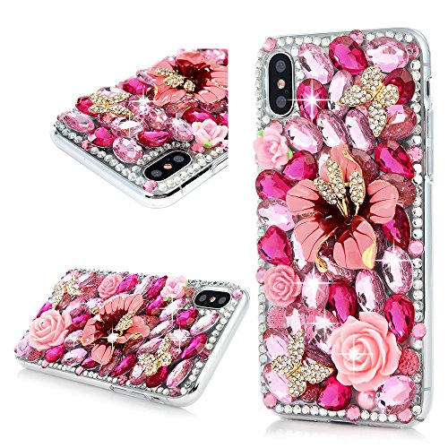Mavis's Diary iPhone X Case, Full Edge Protective Plastic Case, 3D Handmade Crystal Clear Bling Diamonds Shiny Rhinestone Hard PC Cover for iPhone X Edition (Rose Florals)