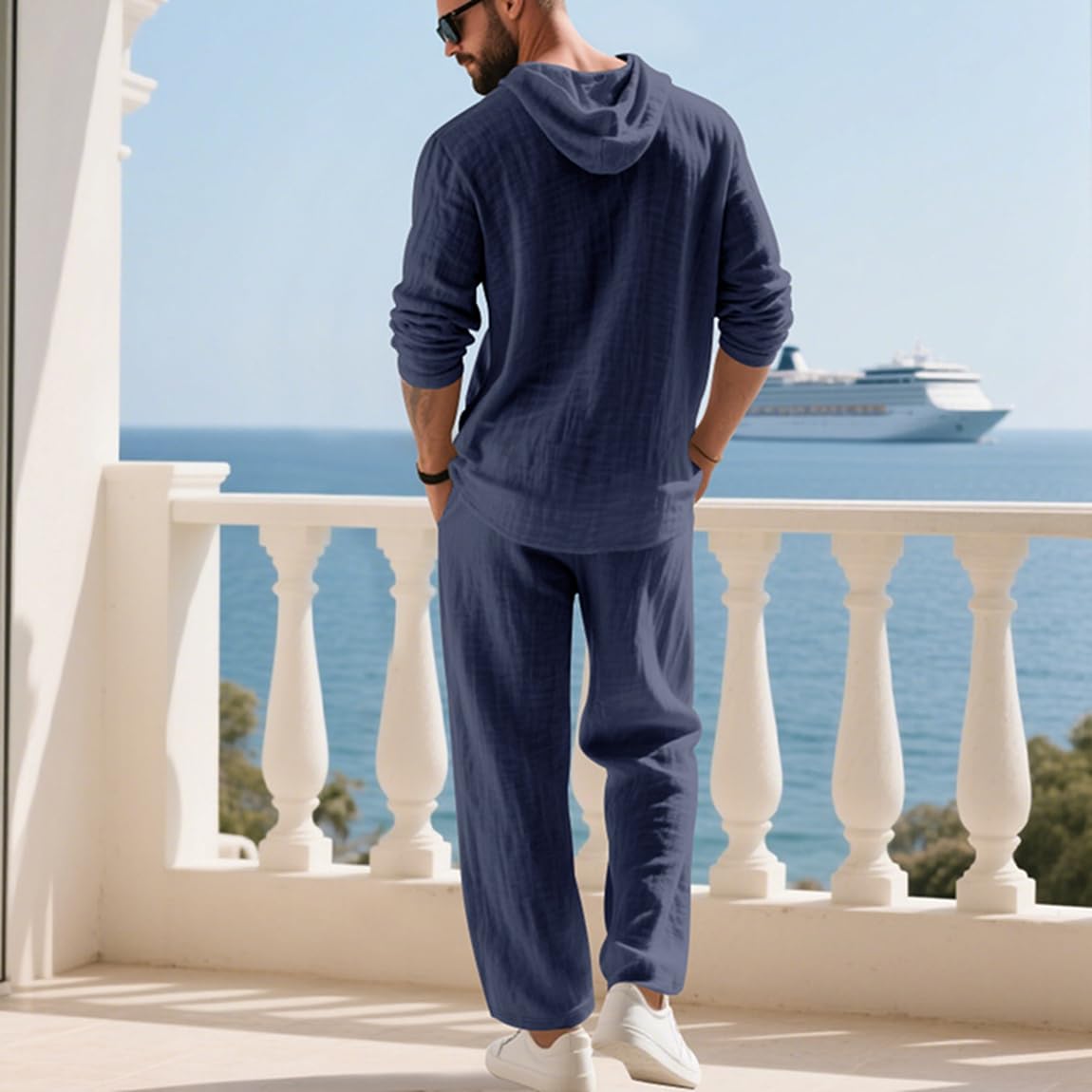 Générique Ensemble Homme 2 Pièces en Lin Mélangé Sweat à Capuche et Pantalon Ample Tenue Décontractée Respirante avec Cordon de Serrage Style Casual