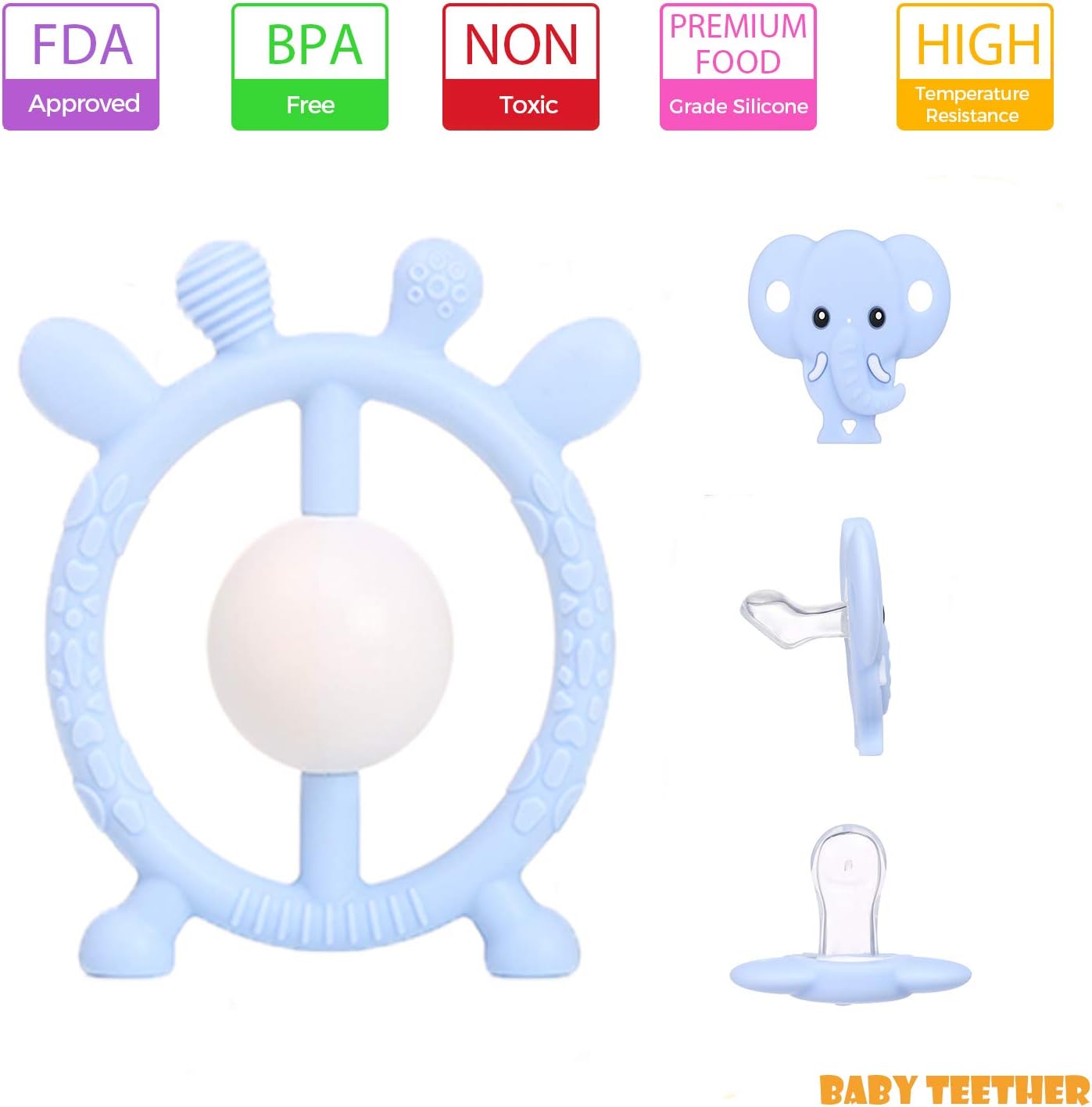 [Latest]Tooth Pacifier & Baby Rattle Teether Toys Soft Natural BPA Free Baby Chew Toy Safe Teether Massage Set for 3-12 Months Toddler Newborn Infant (Blue)